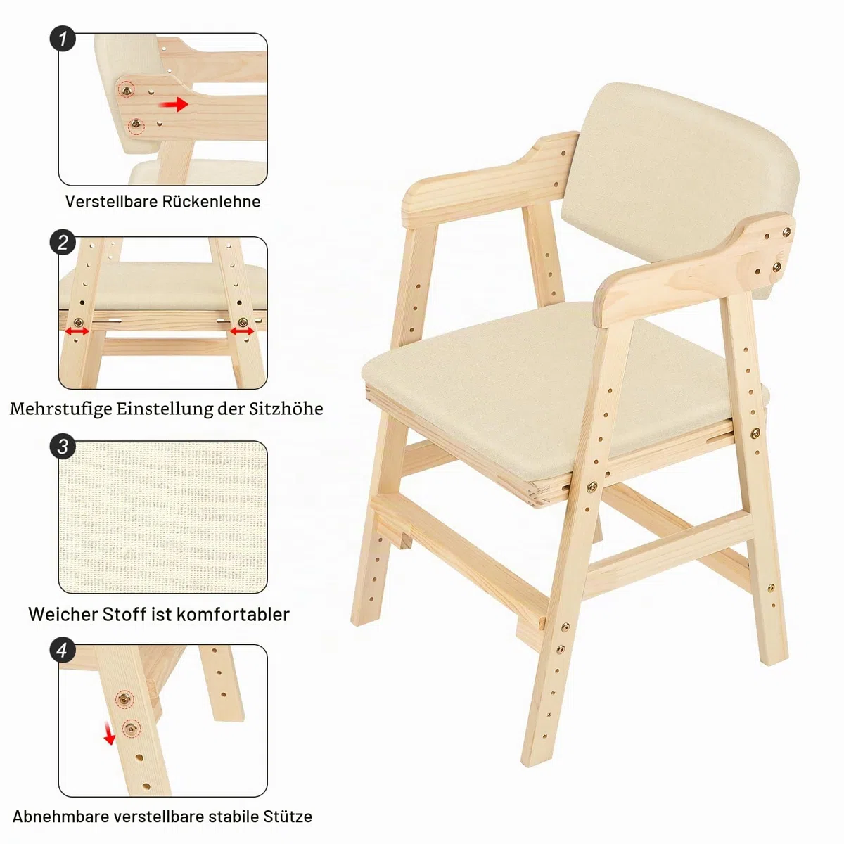 Hochstuhl aus Holz, aus hochwertigem Buchenholz, Stabil & Sicher bis 91 kg,Lehrstuhl, höhenverstellbarer Holzhochstuhl für kinder von 2 bis 12 Jahren (48 x 46 x 78 cm – Beige (1 Stück))