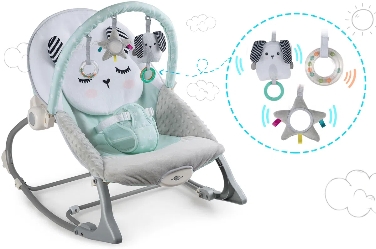 Nukido Babywippe Baby Wippe Babyschaukel Babyliege - mit Vibration und Spielzeugen - Rutschfeste Füße und 3-stufige Sicherheitsgurte - bis 18 kg Grau-Minze