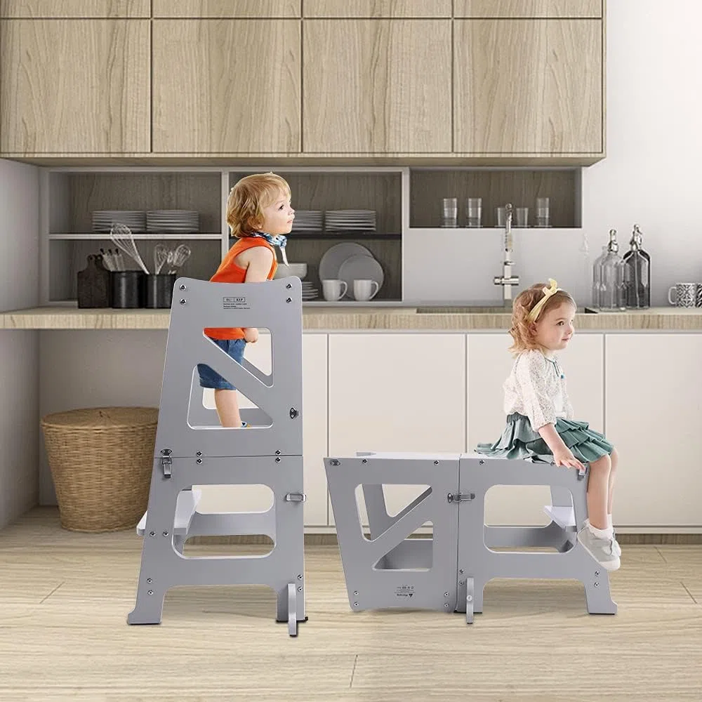 YOLEO Lernturm ab 1 Jahr, 3 in 1 Learning Tower für Kinder, Klappbare Tritthocker mit Rausfallschutz, mit doppelseitiger magnetischer Tafel, Küchen-/Badezimmerhelfer (Grau)