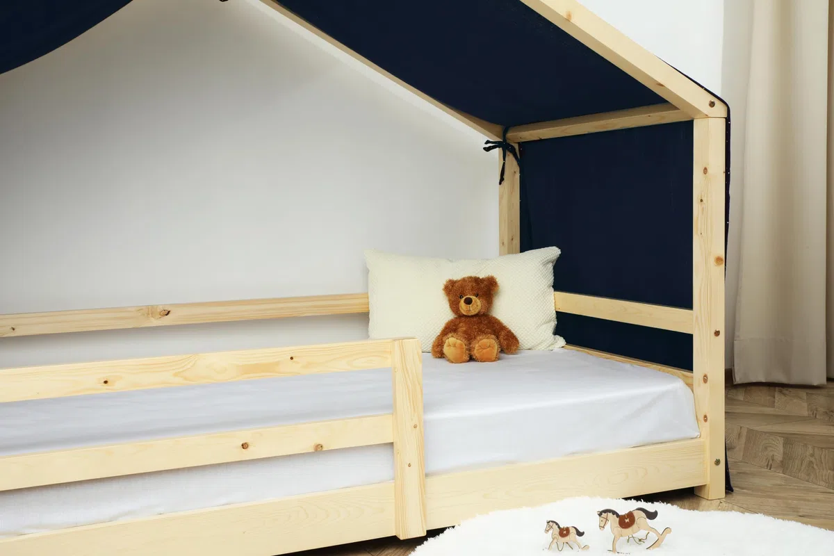 Hausbett Himmel - 100% Baumwolle Betthimmel Hausbett aus Musselin - Bett Vorhang Kinderbett - Himmelbett Vorhänge für 90x200 (Nachtblau/Gold, 97 x 402cm)