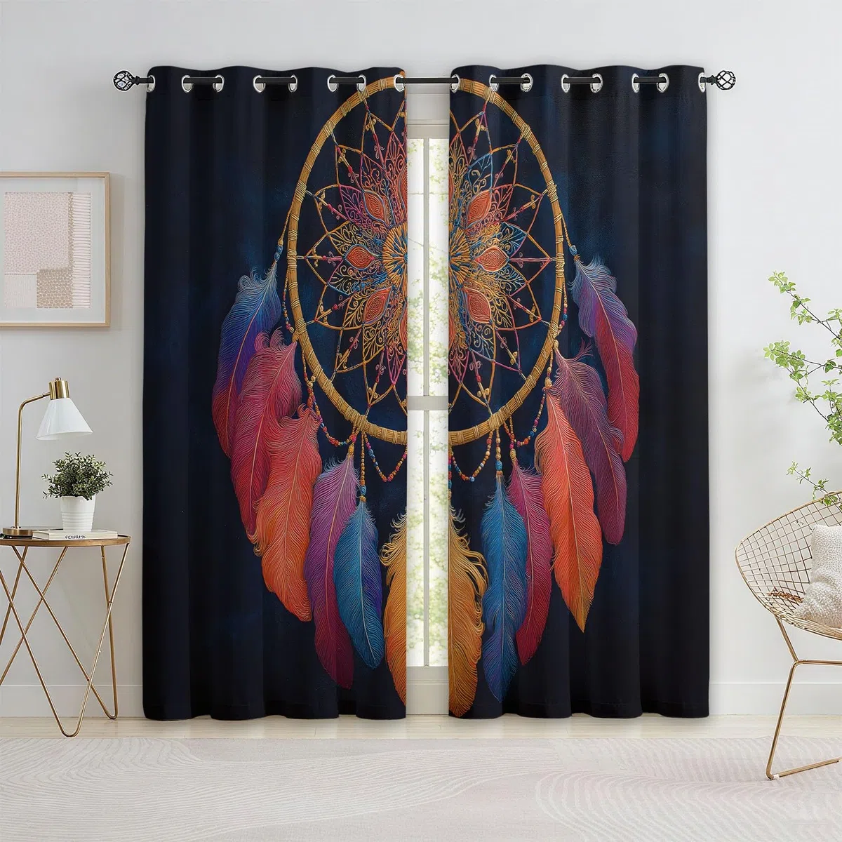 Generisch Surrealismus Traumfänger Vorhang Blickdicht Abdunkelnd Ösenvorhang, Schwarz Kinderzimmer Thermovorhang Kälteschutz Gardine Verdunklungsvorhänge 2er Set H229 x B117 cm
