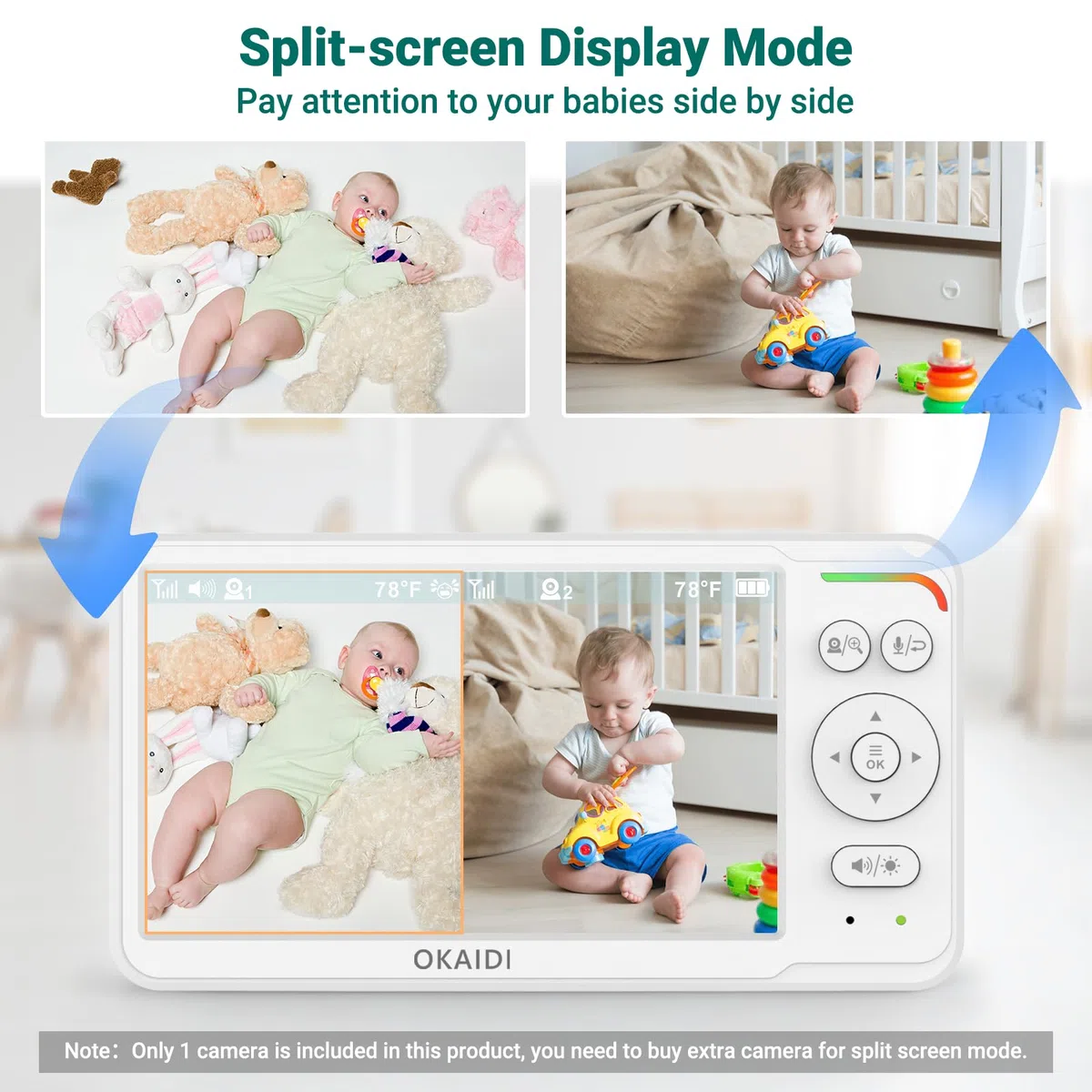 OKAIDI Babyphone mit Kamera und Audio, 15,2 cm (6 Zoll) IPS-Ultragroßer Bildschirm mit 30-Stunden-Akku, 305 m Reichweite, Babyphone ohne WLAN, Nachtsicht, 2-Wege-Talk, Fern-Pan-Tilt-Zoom-Kamera,