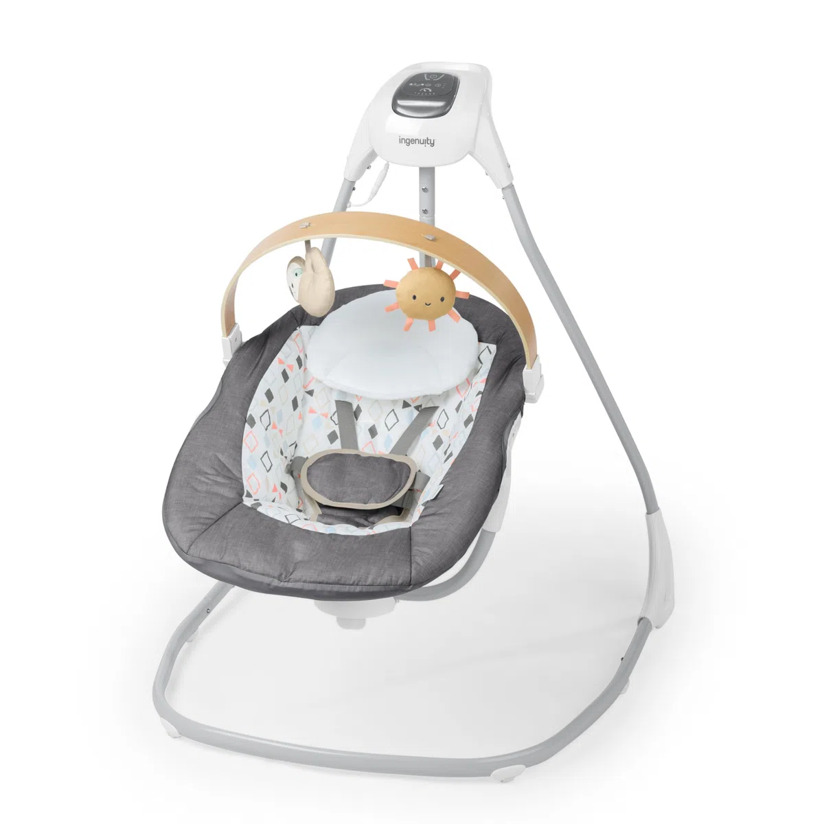 Ingenuity SimpleComfort Compact Soothing Swing, drehbare Spielzeugstange, drehbarer Sitz, 6 Geschwindigkeiten, für Kinder von 0-9 Monaten, bis zu 9kg - Parker