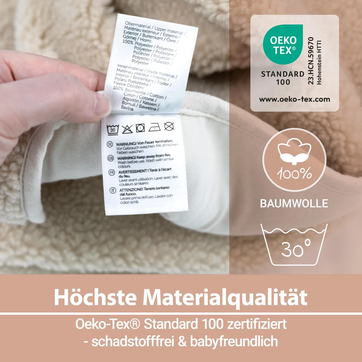 Zamboo Baby Einschlagdecke Fluffy Fleece 80x80 cm Oeko-TEX Zertifiziert mit Öhrchen & Gurtschlitzen Beige