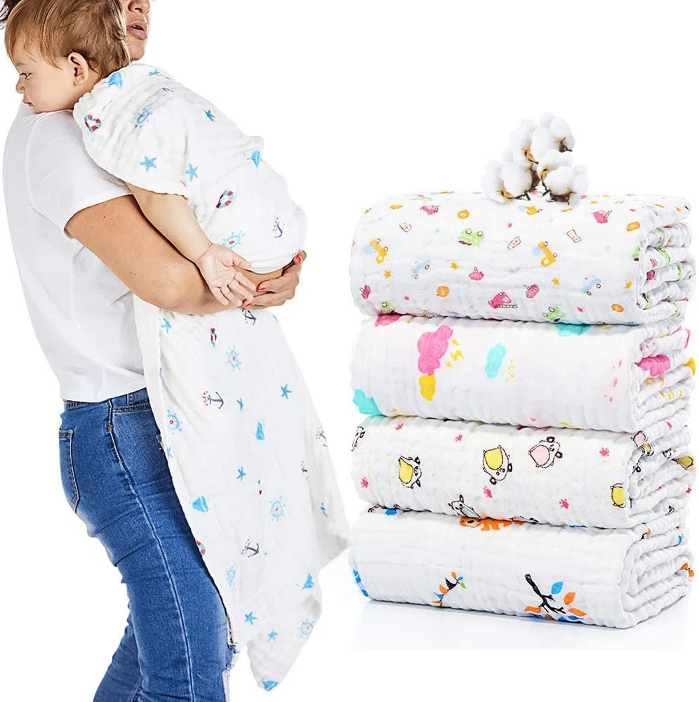 Set mit 2 Baby-Badetüchern Musselin Babydecke, 6 Schichten 105,4 x 105,4 cm Musselintücher Baumwolle extra weiches Waschtuch (Farbe zufällig)