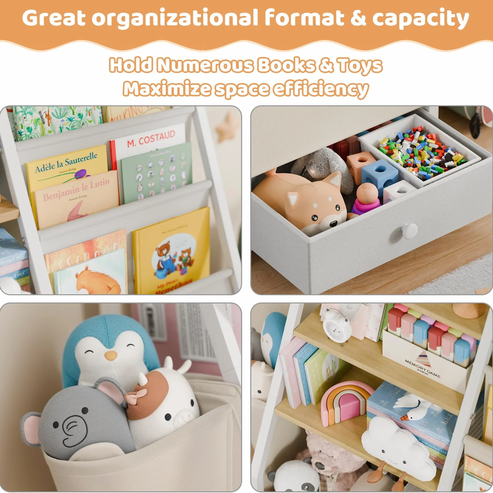 HAVLOTII Kinder-Bücherregal und Spielzeugaufbewahrung – Bücherregal für Kinderzimmer, Kleinkind-Bücherregal für Kinderzimmer, Montessori-Spielzeug-Organizer, Burlywood