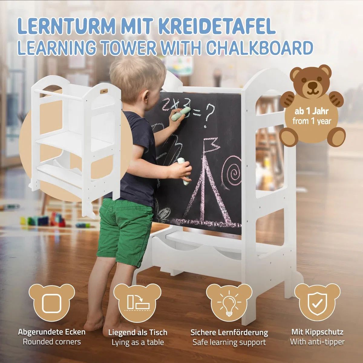 Joyz 2 in 1 Lernturm für Kinder ab 1 Jahr, Montessori Lernstuhl mit Tafel, Weiß, aus Holz, Tritthocker Verwandelbar in Kindertisch und -Stuhl, Hochstuhl Schemel Küchenhelfer Lerntower Learning Tower