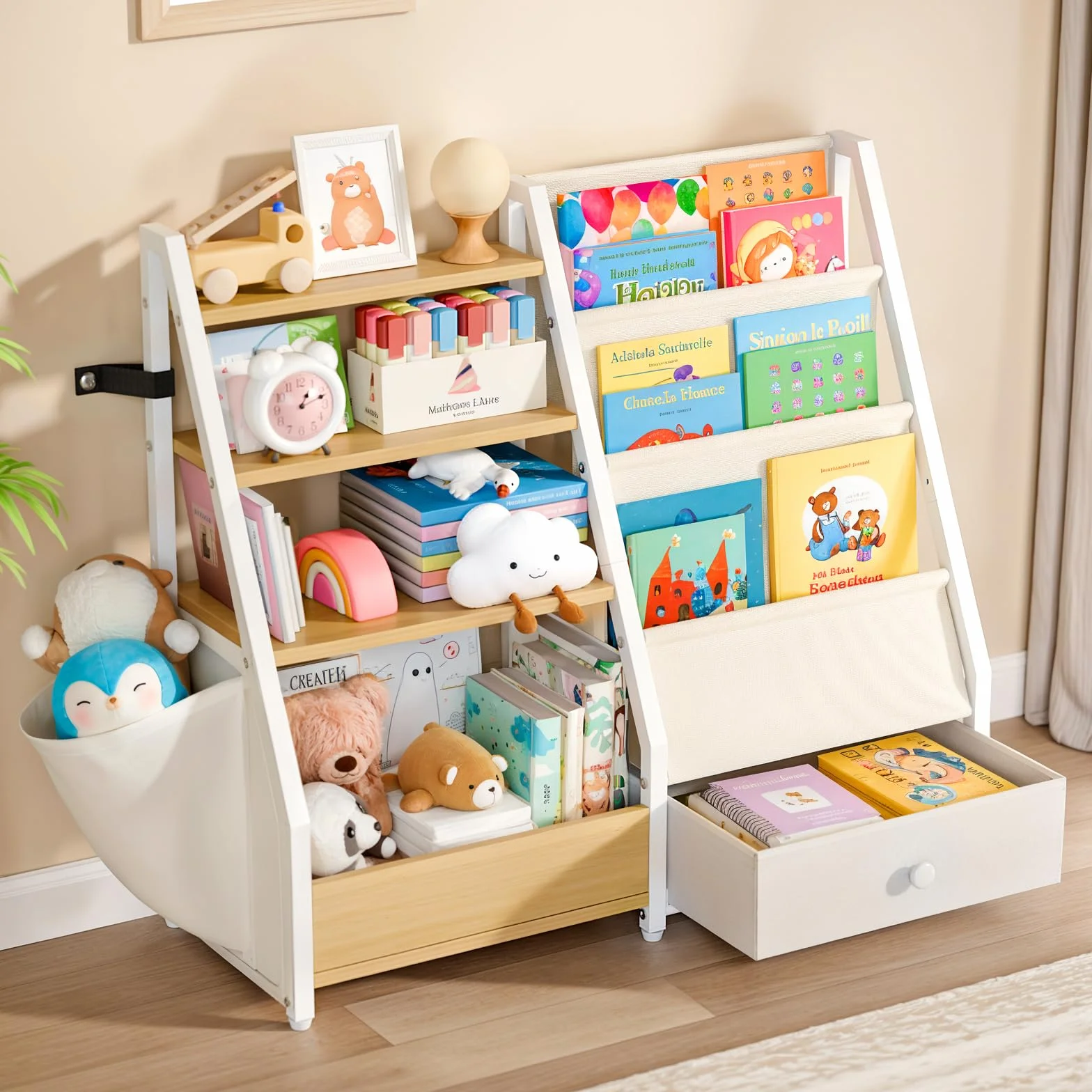 HAVLOTII Kinder-Bücherregal und Spielzeugaufbewahrung – Bücherregal für Kinderzimmer, Kleinkind-Bücherregal für Kinderzimmer, Montessori-Spielzeug-Organizer, Burlywood