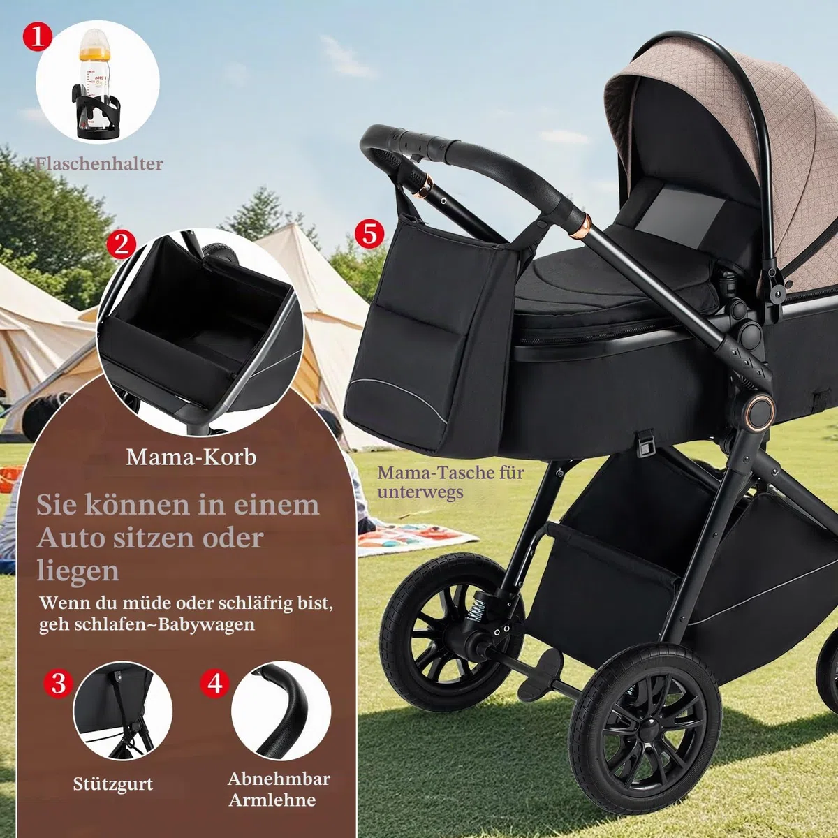 Kinderwagen 3 in 1, Zusammenklappbar kinderwagen Komplettset Becherhalter, Moskitonetz, Fußabdeckung Für Baby Erstausstattung Neugeborene(Khaki)