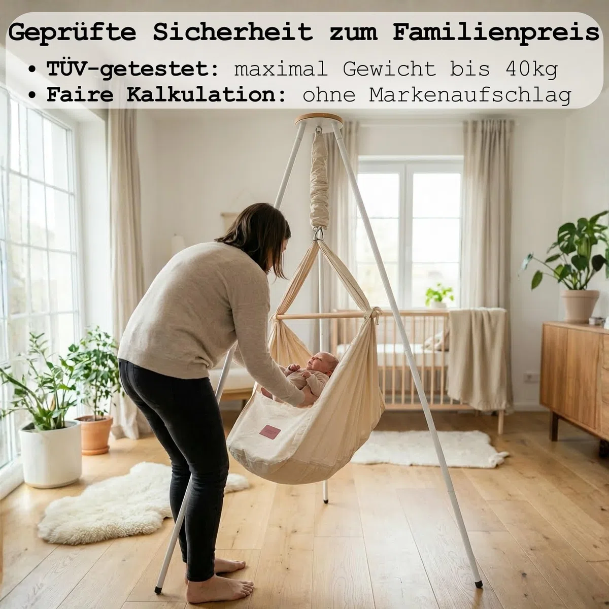 Honigbär Federwiege Set inkl. Standfuß (weiß) – Baby Hängematte TÜV-geprüft bis 40kg – Ergonomisches Nestchen mit Kapok-Matratze – Bio-Baumwolle – Universell motorisierbar - Schlaf wie im Mutterleib