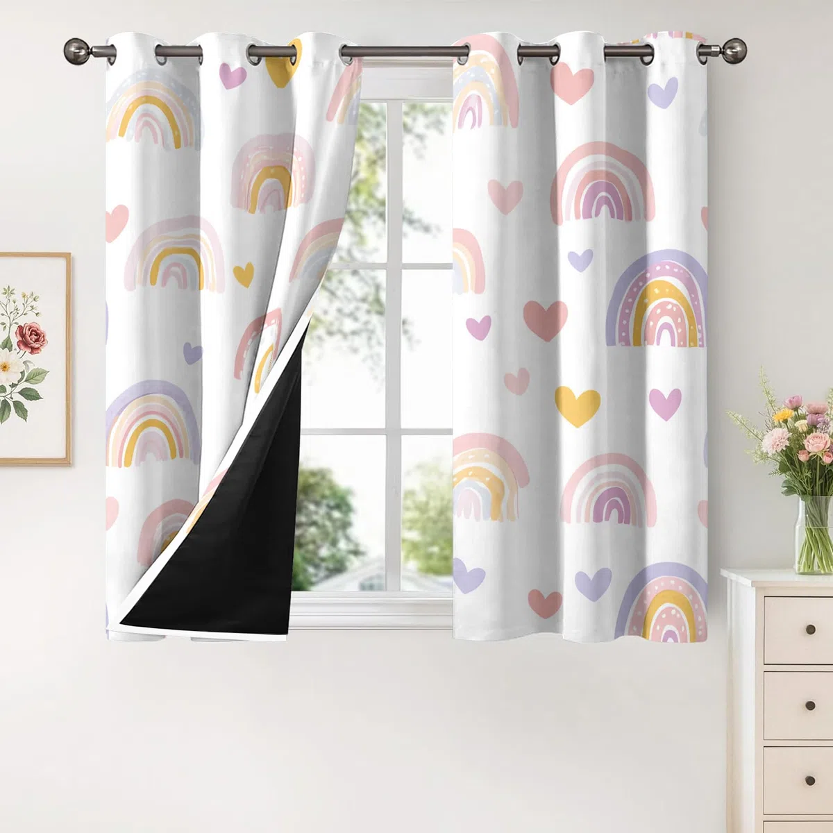 Generisch Herz Regenbogen Gardinen Blickdicht 2er Set, Vorhänge Mädchen Kinderzimmer Motiv mit Ösen, Wohnzimmer Schlafzimmer Deko, Thermovorhang Verdunkelung, H 175 x B 140 - M497