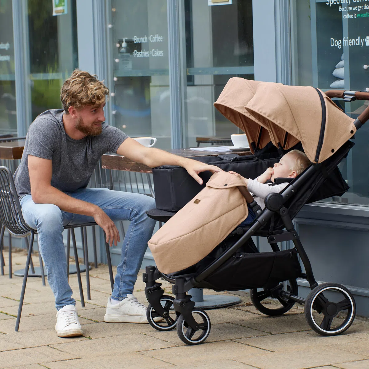 Ickle Bubba Venus Doppelkinderwagen - geeignet von Geburt bis 15 kg (ca. 3 Jahre), leichter, faltbarer Zwillingskinderwagen mit Regenschutz (Biscuit)