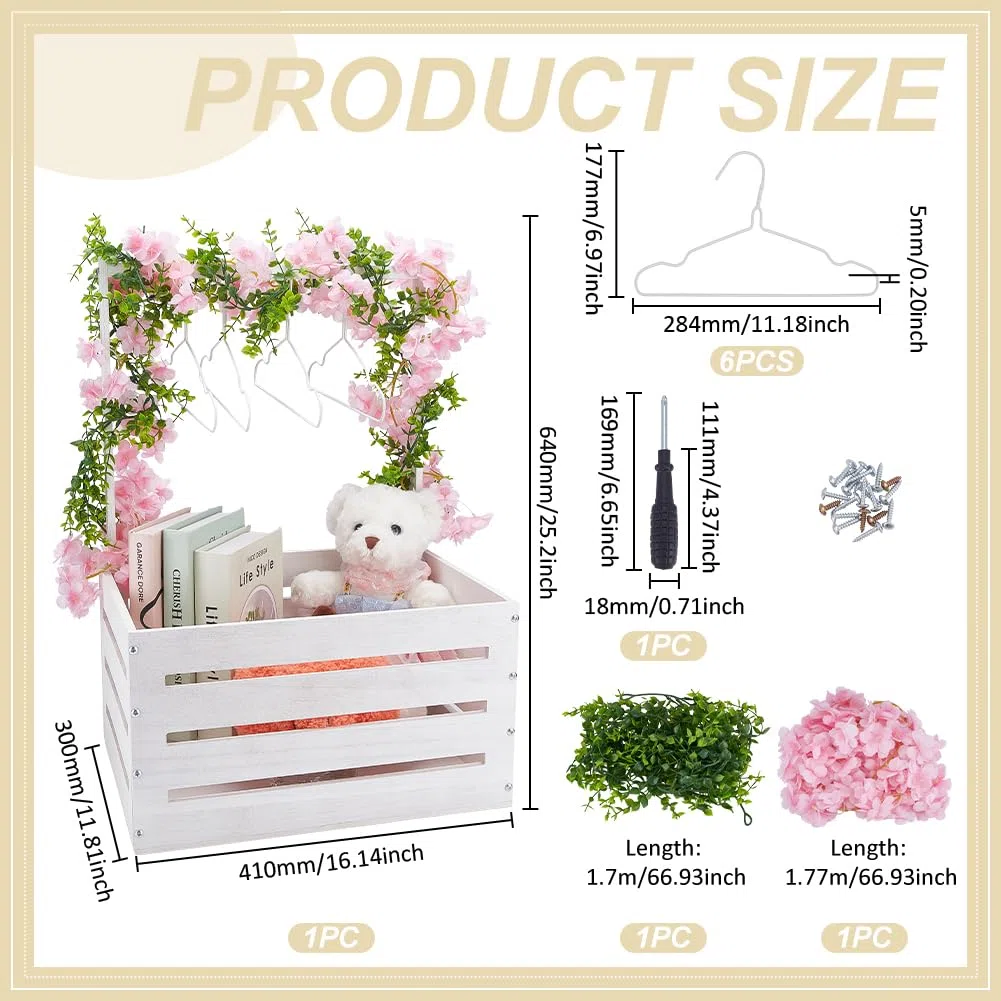 UNICRAFTALE Weiße Holz Baby Shower Kiste Baby Aufbewahrungsschrank Mit 6 Haken Kiste Wäschekorb Partykorb Mit Blumenranken Und Blättern Babypartygeschenke Für Neue Eltern