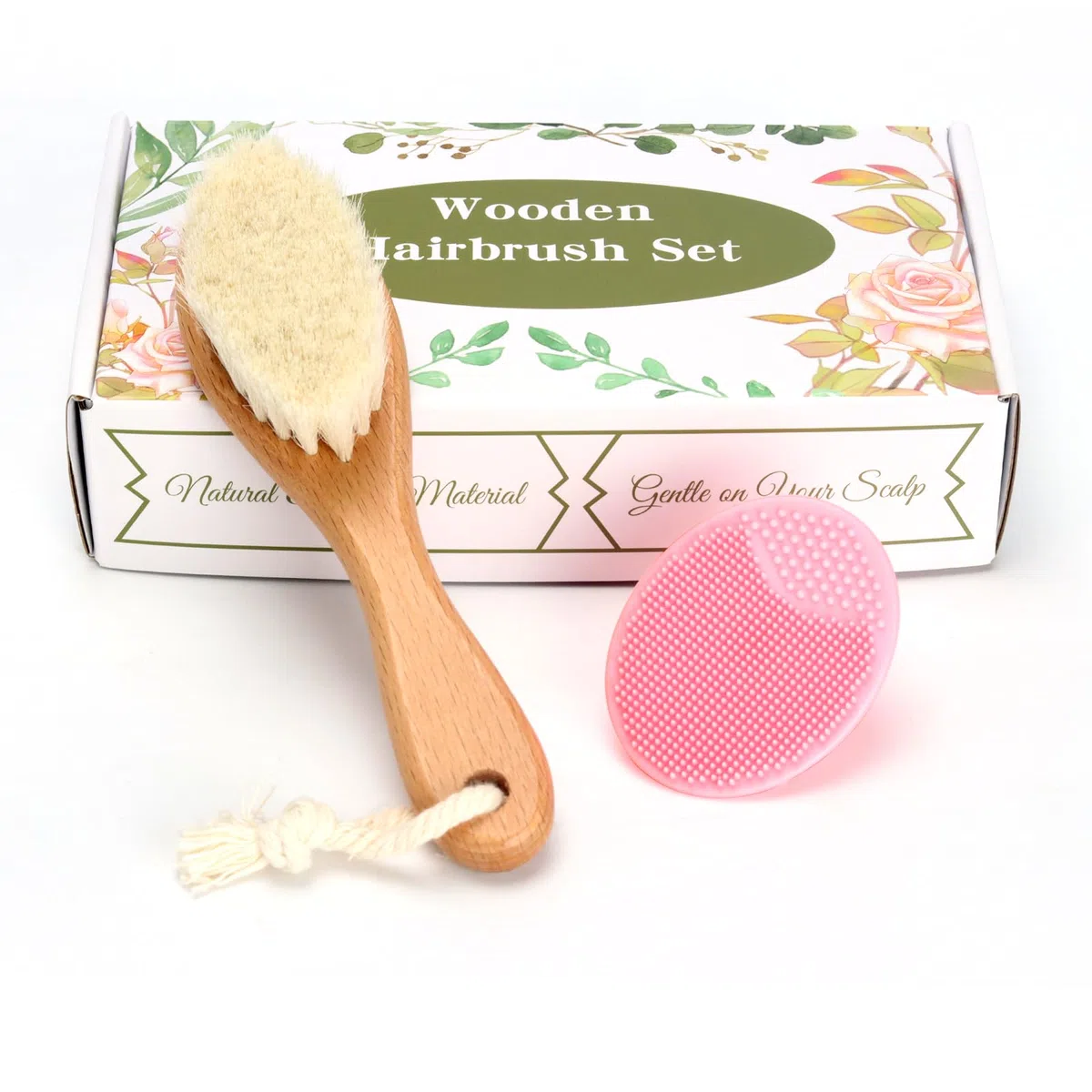 Baby-Haarbürste, Ziegenborsten aus Holz, Haarbürste mit Silikon-Haarschrubber, Wiegenkappenbürste für Neugeborene, Kleinkinder, Jungen, Mädchen, perfekte Kopfhautpflege Produkt (Rosa)