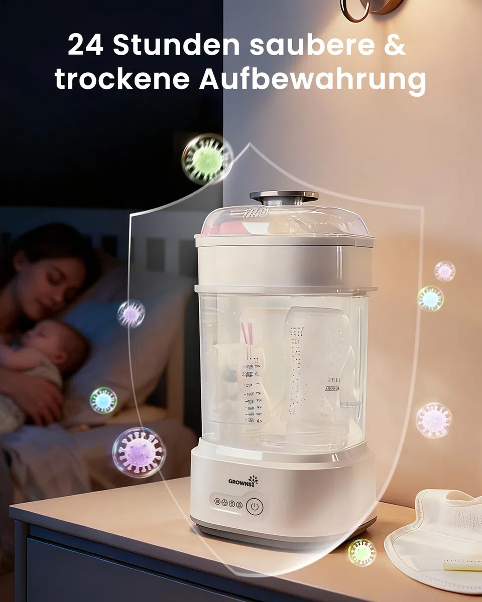 Grownsy Sterilisator für Babyflaschen mit Trocknerfunktion, 5 Flaschen | Schnellsterilisation in 8 Min., kompakter 5-in-1-Dampfsterilisator für Sauger, Schnuller und Milchpumpenzubehör