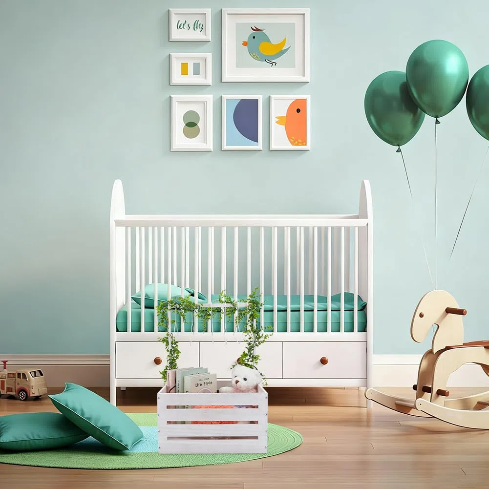 UNICRAFTALE Weiße Holz Baby Shower Kiste Baby Aufbewahrungsschrank Mit 6 Haken Kiste Wäschekorb Partykorb Mit Blumenranken Und Blättern Babypartygeschenke Für Neue Eltern
