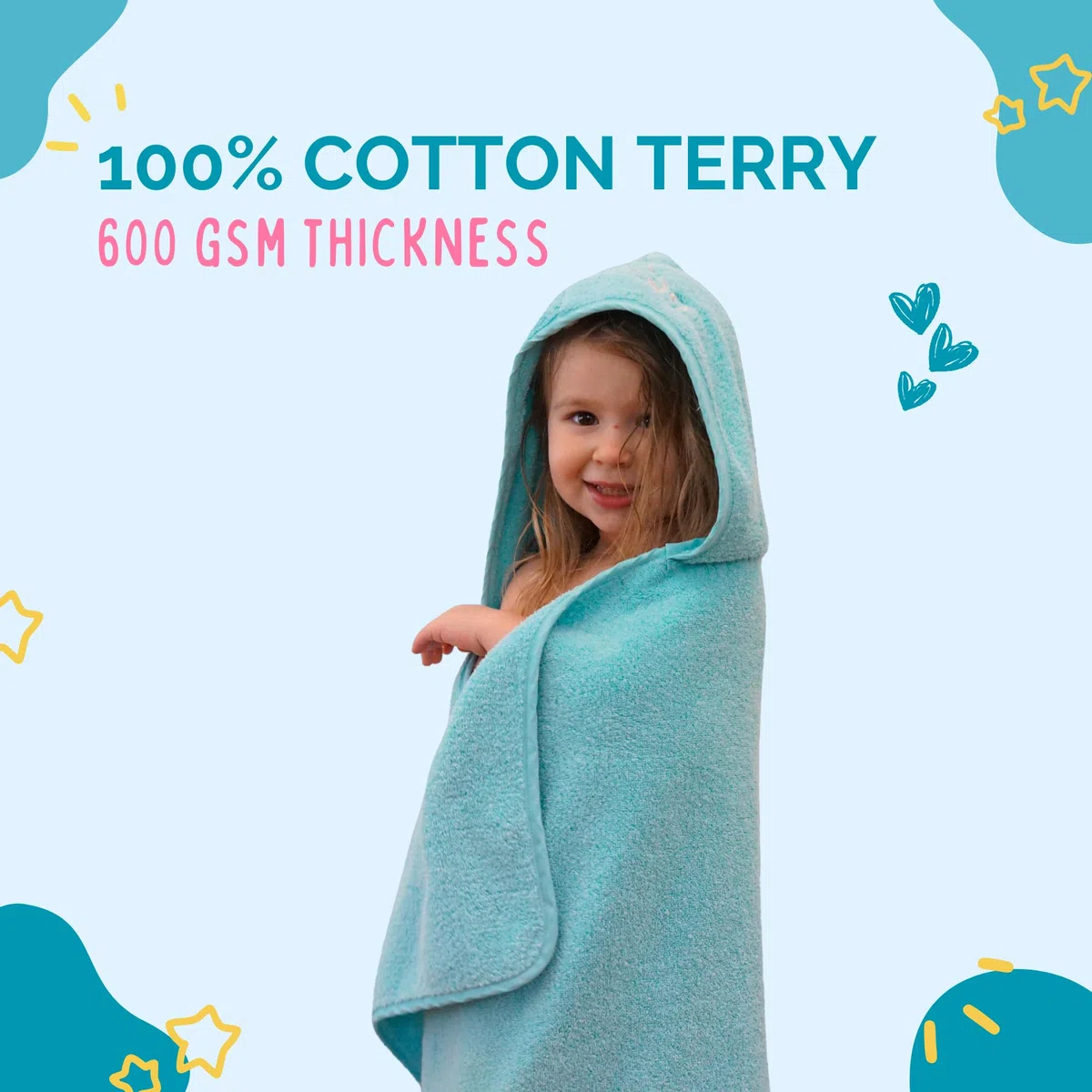 Baby Handtuch mit Kapuze, 70 x 125 cm, Plüsch und saugfähig, luxuriöses Badetuch 600 g/m², 100 % Baumwolle eisblau