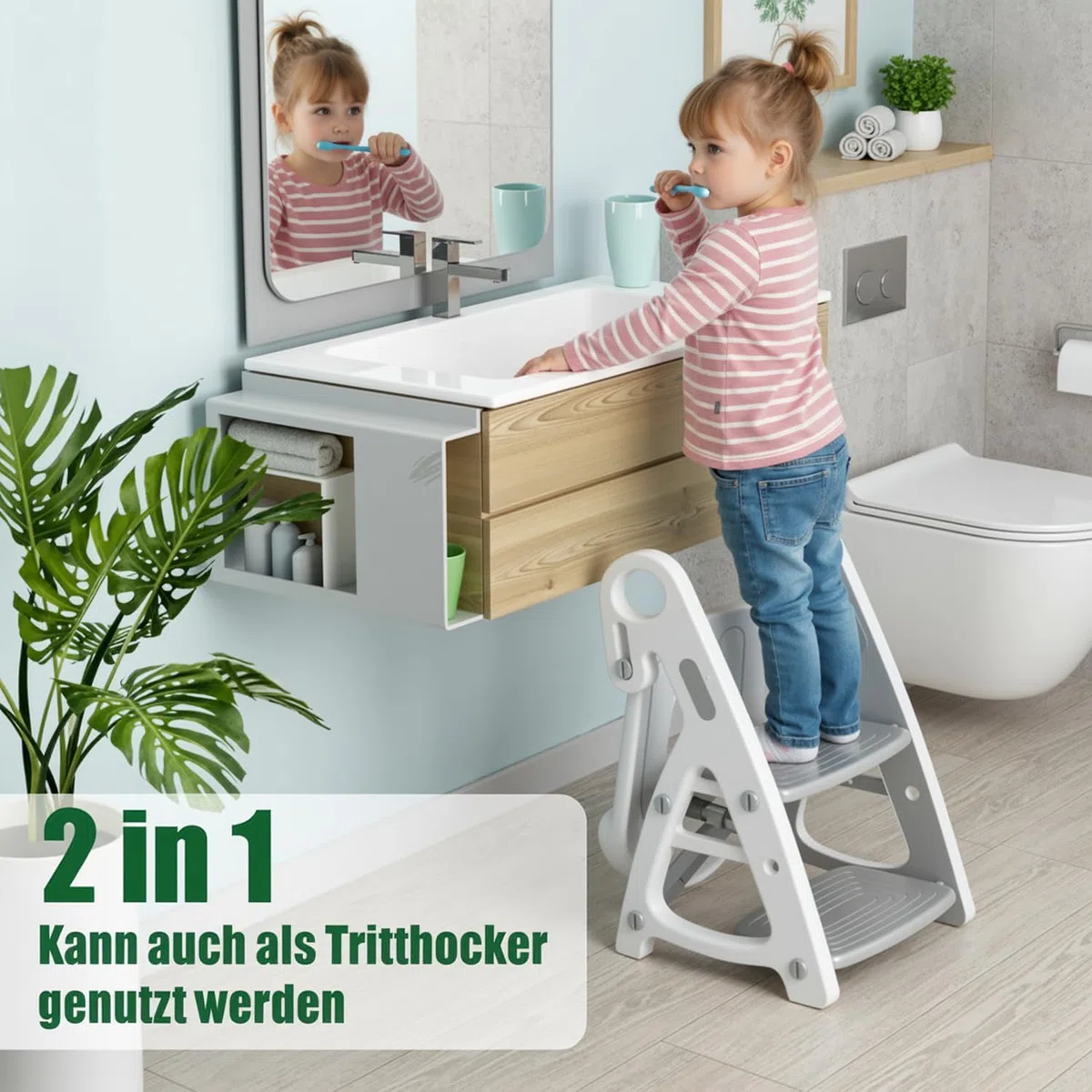 Baby-Toilettensitz 2 in 1 mit Treppe, Stabile Dreieckige Struktur, Kinder Tritthocker, Faltbar Töpfchentrainer mit verstellbarem Pedal und Sitzhöhe, mit großes Pedal und Griffe, PU-Futter, Grau