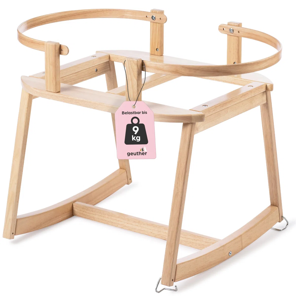 Geuther Untergestell für Moseskorb Baby | Stubenwagen mit Schaukelfunktion für Geuther Babynestchen, Baby Beistellbett | aus nachhaltigem & massivem Gummibaumholz, Baby Bett Gestell, naturfarben