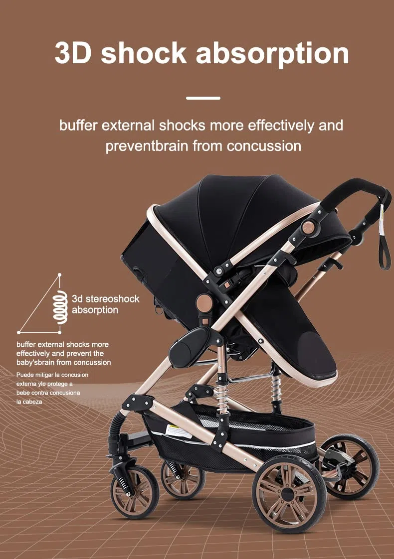 YAZOCO 3 in 1 Kinderwagen Kombikinderwagen komplettset Zusammenklappbar baby kinderwagen incl Babywanne & Buggy Sportsitz & Fußsack & Moskitonetze (Schwarz und Gold)