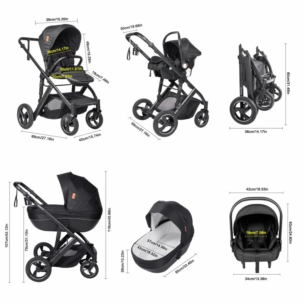 4 in 1 Kinderwagen Schwarz, Aluminiumrahmen, höhenverstellbarer Griff | Weiche Polsterung für erholsamen Schlaf. Stabiler Aluminiumrahmen und flexibler Schiebegriff
