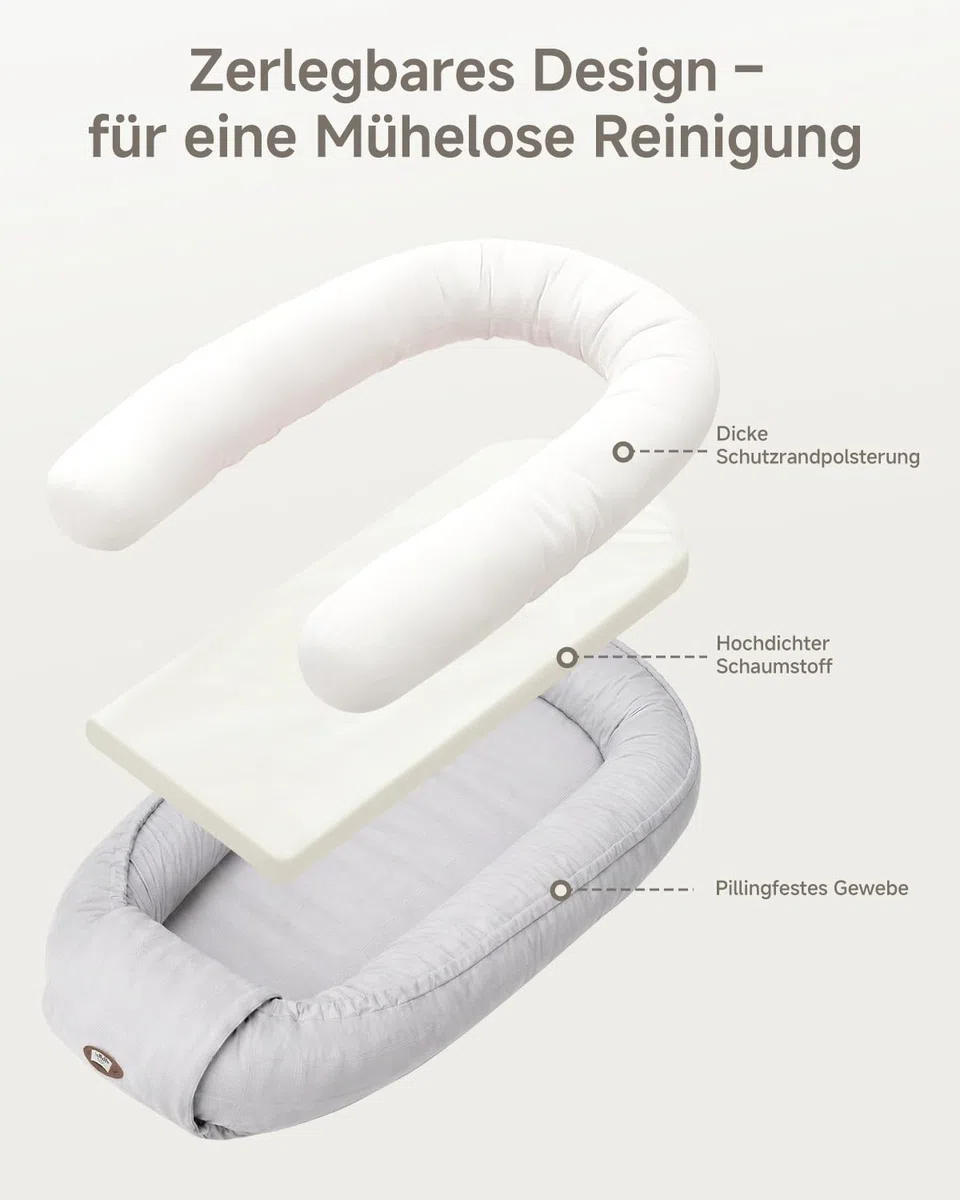 Babynest Neugeborene 95x56cm,Vollständig Abnehmbar Nestchen Baby,Waschbar Verstellbar Babynestchen Tragbar,Multifunktional Kuschelnest für Jungen und Mädchen,Grau