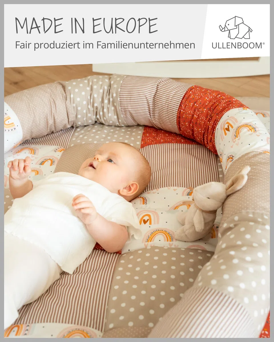 ULLENBOOM ® Baby Kuschelschlange 120x13 cm Regenbogen (Made in EU) - Kuschelschnecke in vielen Farben und Größen, Bezug: 100% OEKO-TEX Baumwolle, Nackenrolle, Kopfschutz für Wickeltisch