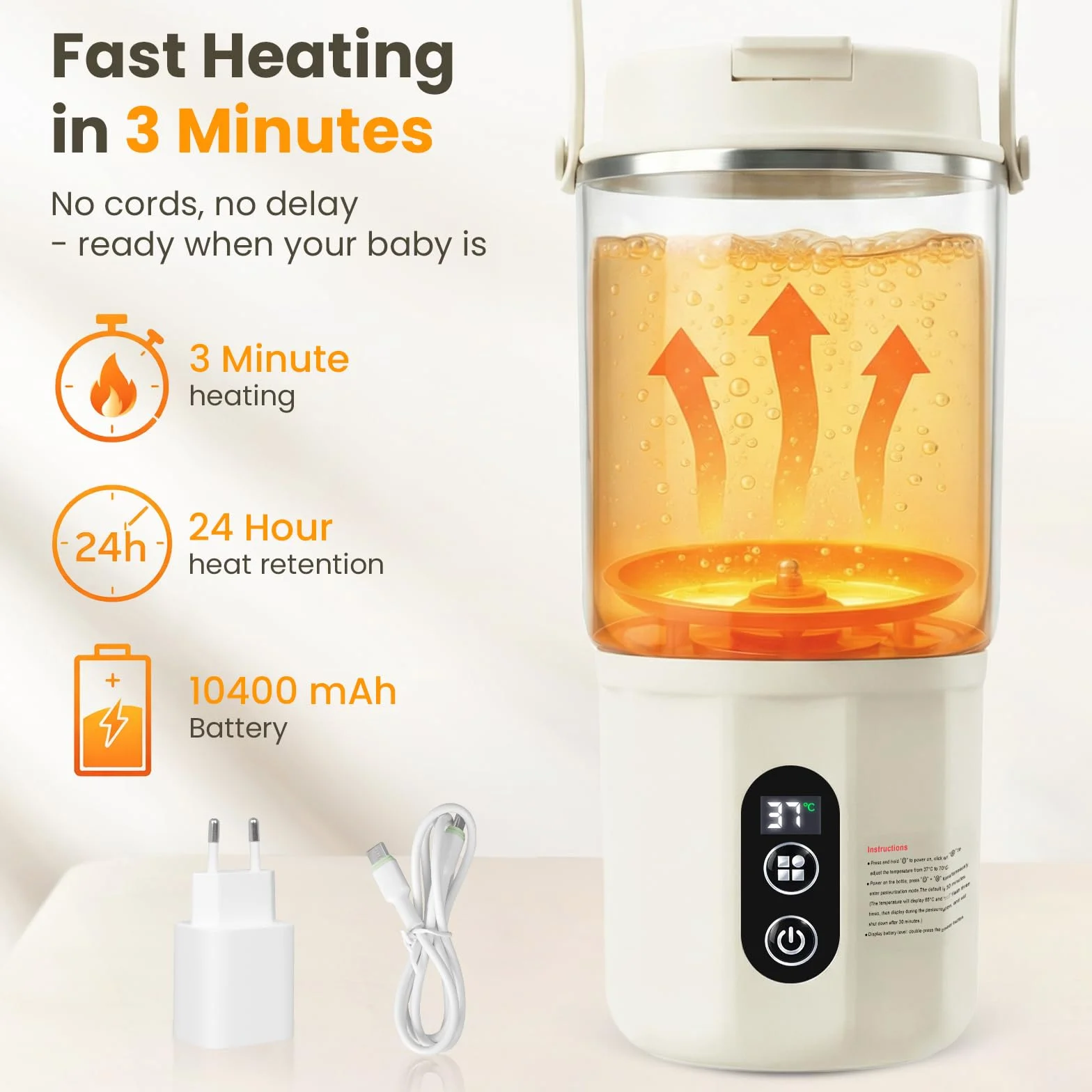 BEE&FLOWER Flaschenwärmer Baby Unterwegs 400ml Tragbarer Babyflaschenwärmer | 2-in1, 316 Edelstahl, 24h Konstante Temperatur, LED Touchscreen, 10400mAh Akku, BPA-frei, Ideal für Reisen