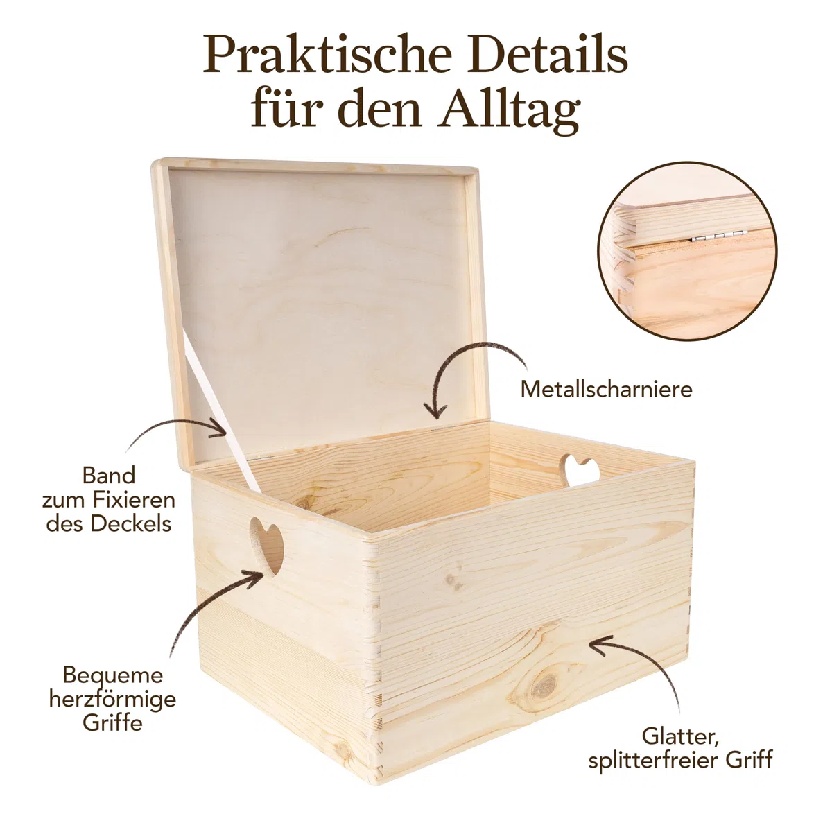 Creative Deco Holzkiste mit Deckel | 40x30x24 cm (+/-1cm) | Erinnerungsbox Baby Groß Holzbox Unlackiert Kasten | Herzförmigen Griffen | Für Dokumente Ostern Spielzeuge Werkzeuge ROH UNGESCHLIFFEN