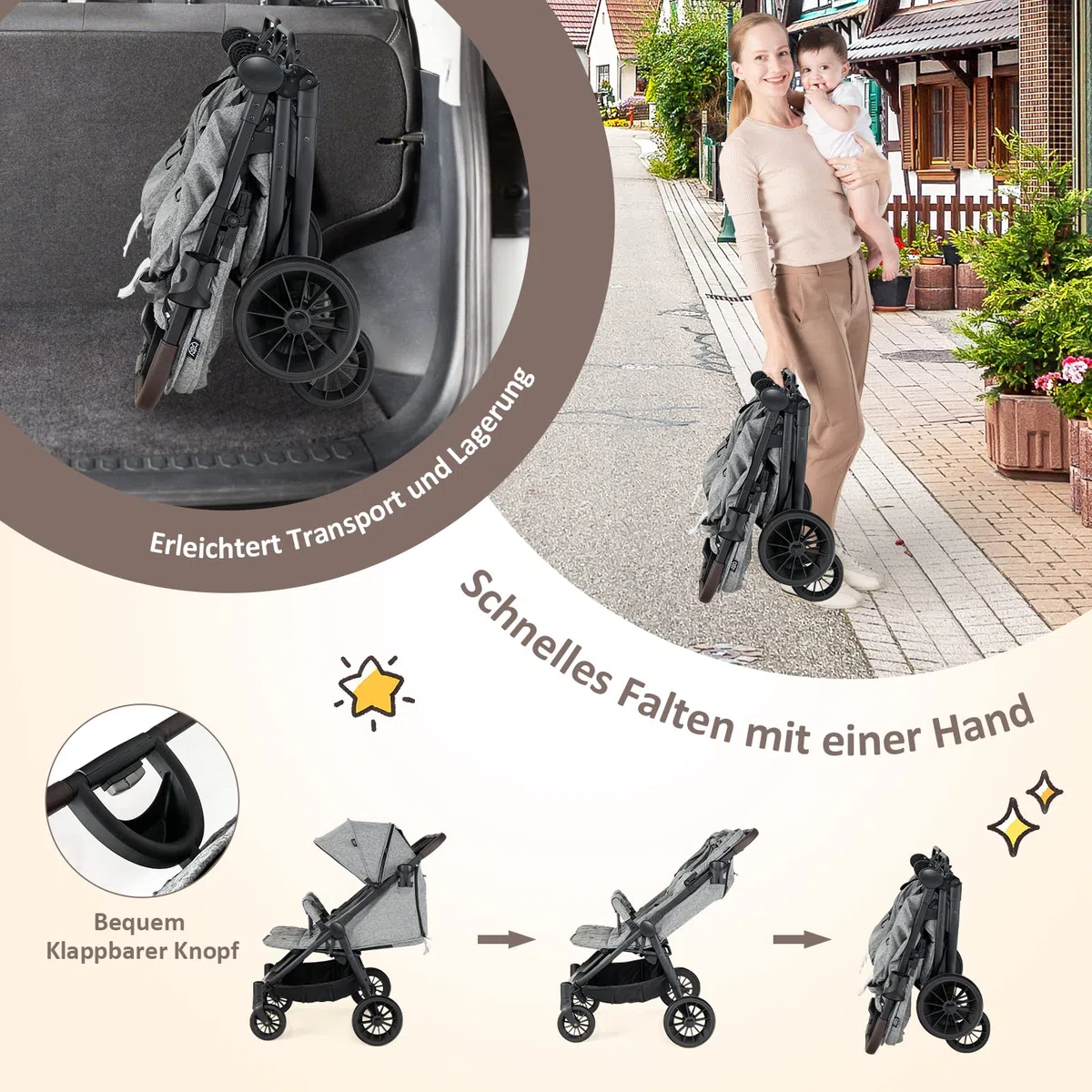 DREAMADE Geschwisterwagen, Doppelkinderwagen für 2 Kinder, Zwillingswagen Faltbar, Buggy mit Doppelsitz, Kinderwagen (Grau)