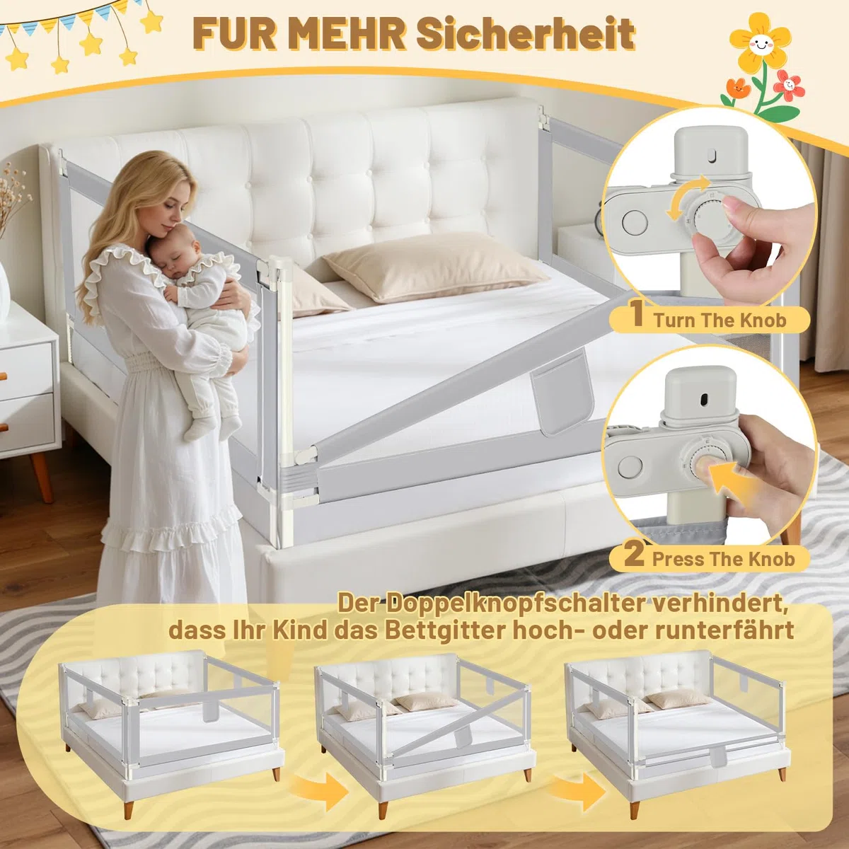 Bettgitter 200cm, Bettgitter Rausfallschutz Bett Höhenverstellbar 64-96cm, Bettschutzgitter Kinderbettgitter mit Luftiges Netz für Kinder & Elternbetten, Grau