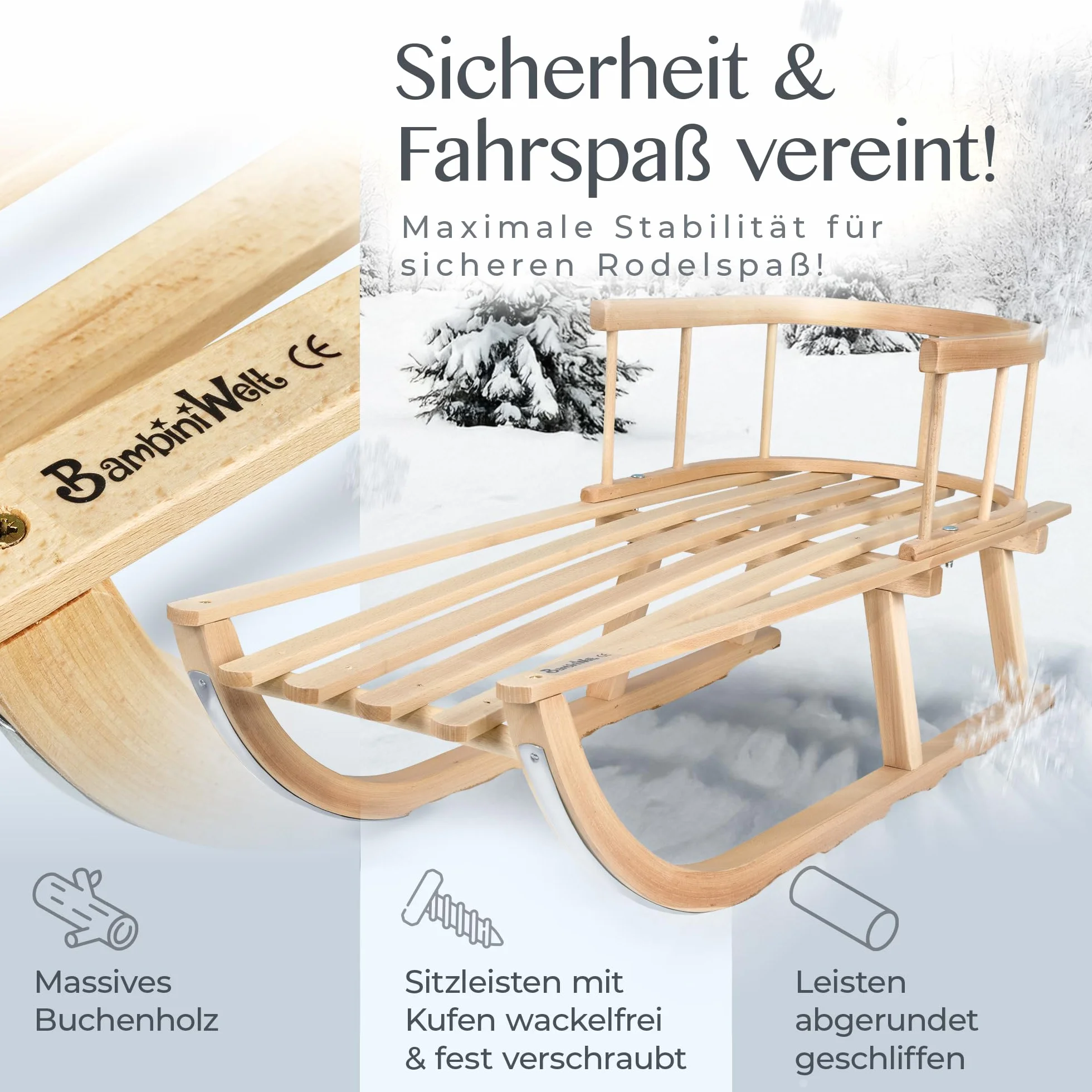 Kombi-Angebot [Holz-Schlitten + universaler Winterfußsack 108cm] Rodel mit Rückenlehne und Zugseil Fußsack geeignet für Babyschale Kinderwagen Buggy mit Lammwolle (schwarz (108cm))