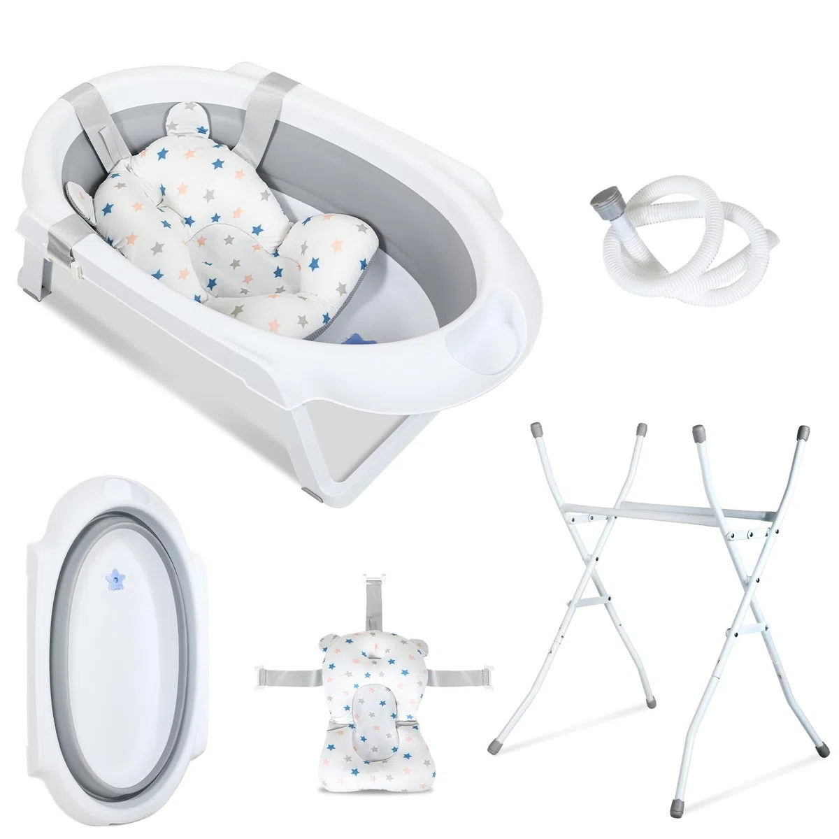 Baby Badewanne mit Gestell faltbare Babywanne Baby Wanne platzsparend, Babybadewanne mit Badekissen, Ablaufschlauch, Temperaturanzeige Wasserstopfen, stabile faltbare Badewanne Grau