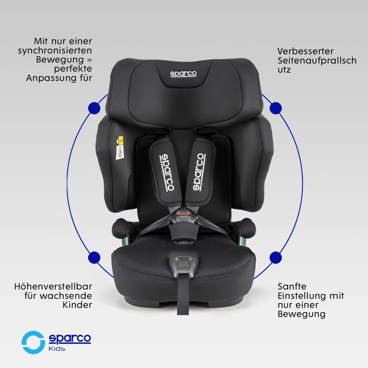 Sparco i-Size-Kindersitz SK8000IBK für Kinder von 76 bis 150 cm, ECE R129/04-zertifiziert, mit ISOFIX und Top Tether, verstellbarer Kopfstütze, klappbarer Rückenlehne und 5-Punkt-Gurt, Farbe: Schwarz