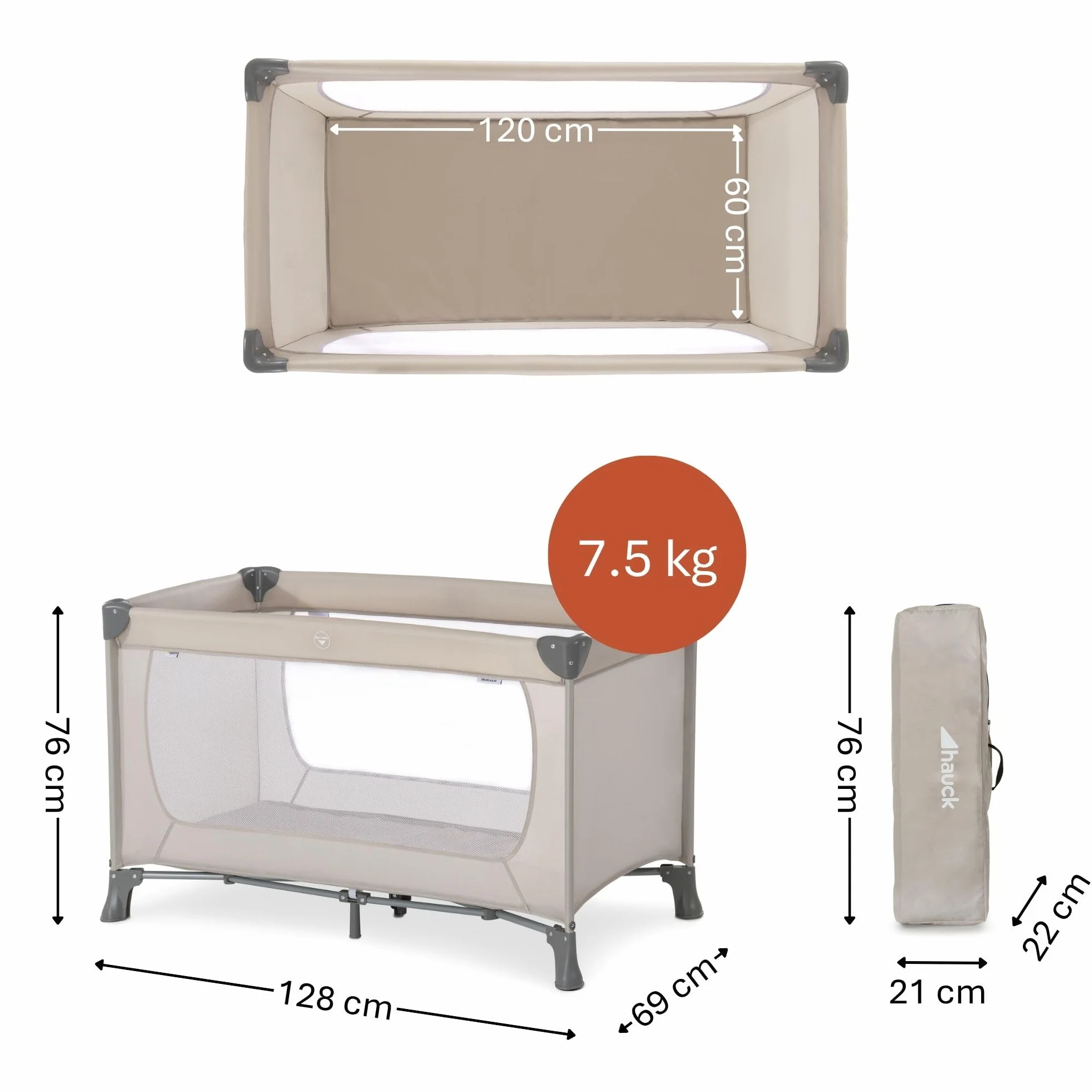 hauck Dream N Play, Beige - Baby & Kinder Reisebett mit Tragetasche ab Geburt bis 15 kg, Schnell & Kompakt Faltbar, Große Netzfenster