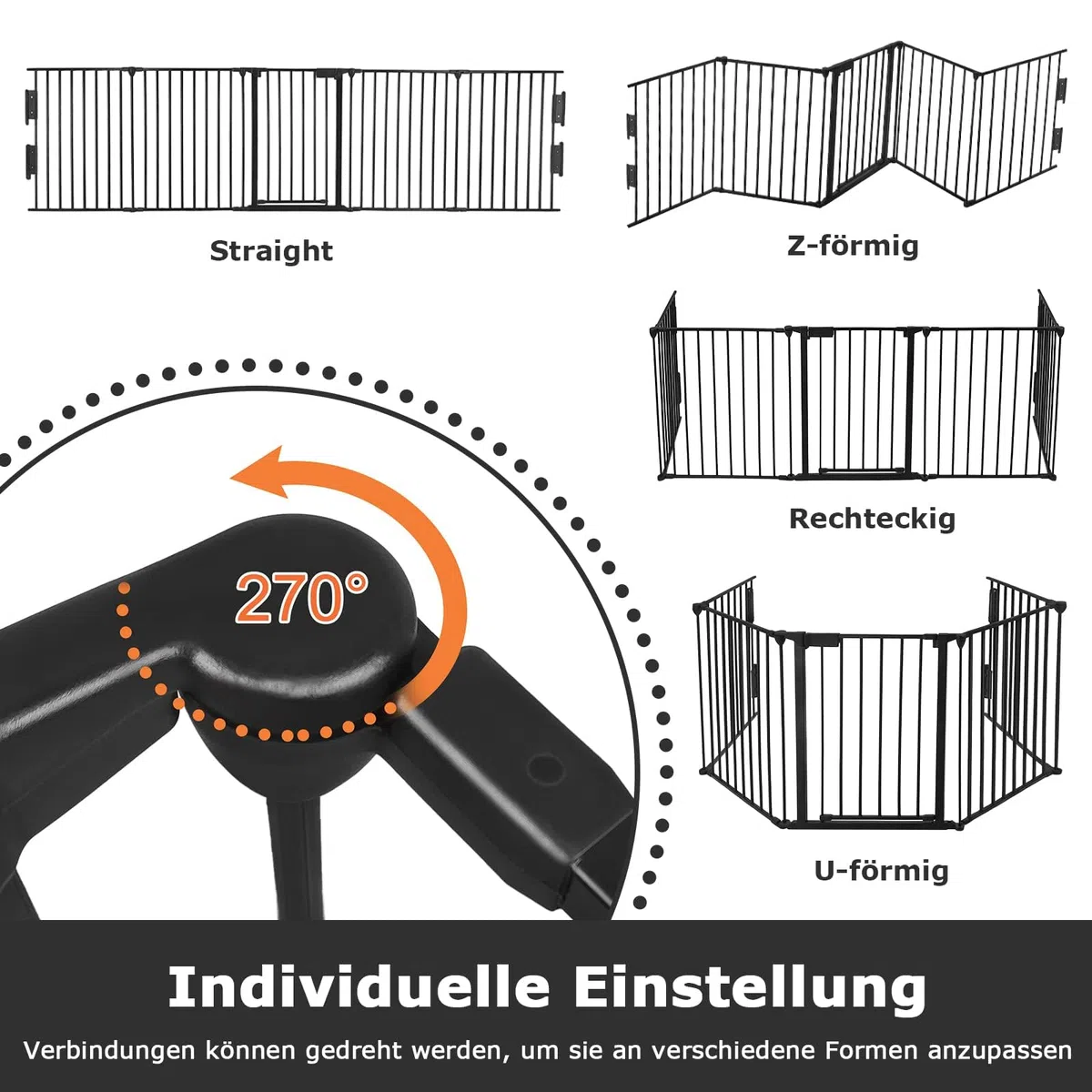 LILIIN Kaminschutzgitter mit Tür, 5 Elemente Absperrgitter Faltbar Ofenschutzgitter Kamin Schutzgitter ohne Bohren, für Kinder-Sicherung, 300 x60 x75cm, Schwarz