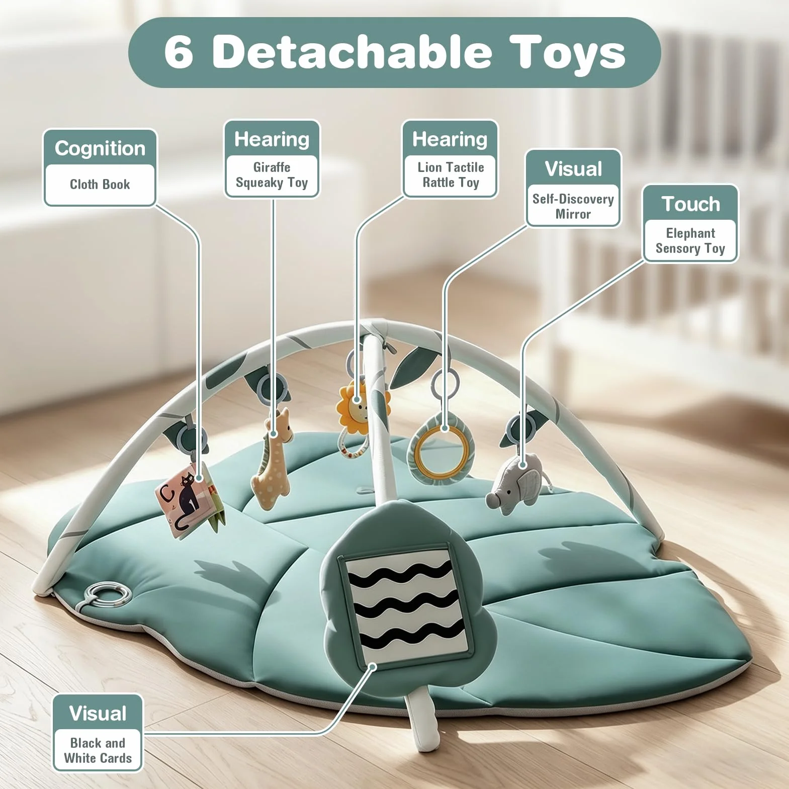 Spielmatte Baby mit Spielbogen, Vanplay Spieldecke Baby mit Bogen, Rutschfest Spieldecke Greifspielzeug Baby Stoffbuch, 6 Abnehmbaren Babyspielzeug, Geschenk Neugeborenes Junge Mädchen