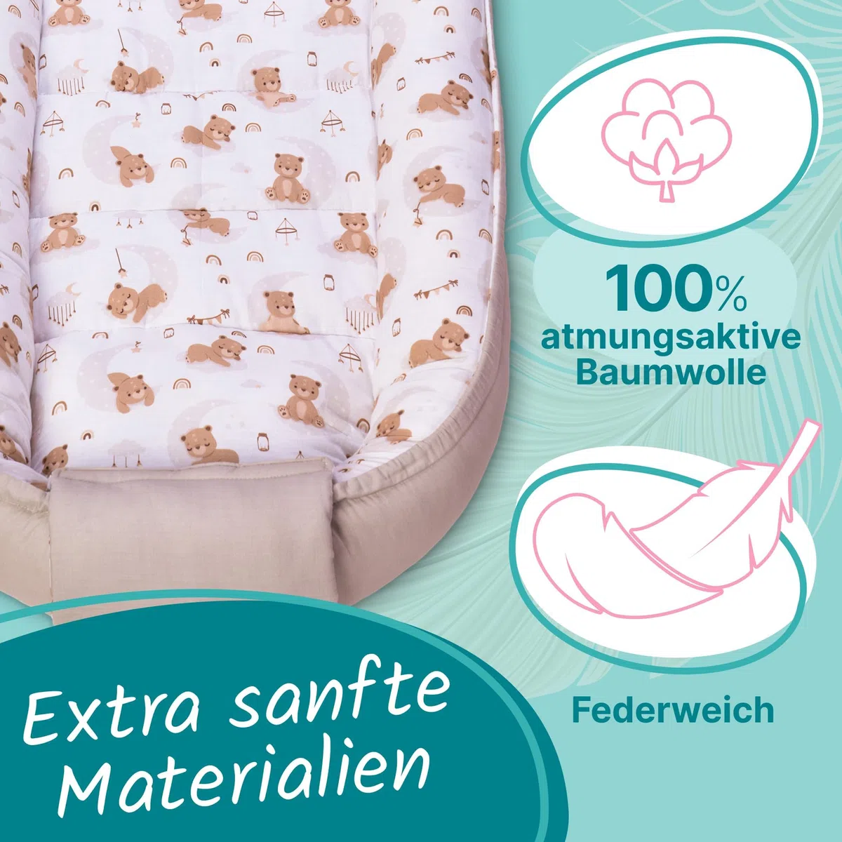 Babynest für Neugeborene, Baby Nestchen – Oeko-TEX Zertifiziert, 100% Baumwolle, maschinenwaschbar –Tragbares Babynest für zuhause & unterwegs, sicher & gemütlich – 100x58x12 cm, Beige