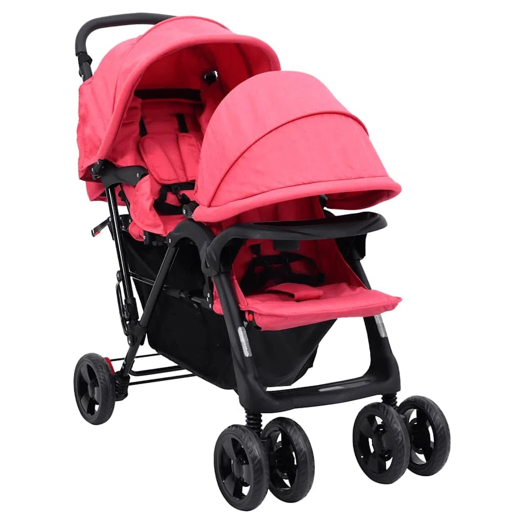 vidaXL Geschwisterwagen Klappbares Design Zwillingswagen Kinderwagen Baby Kinder Buggy Zwillingsbuggy Kinderbuggy Reisebuggy Rot Stahl