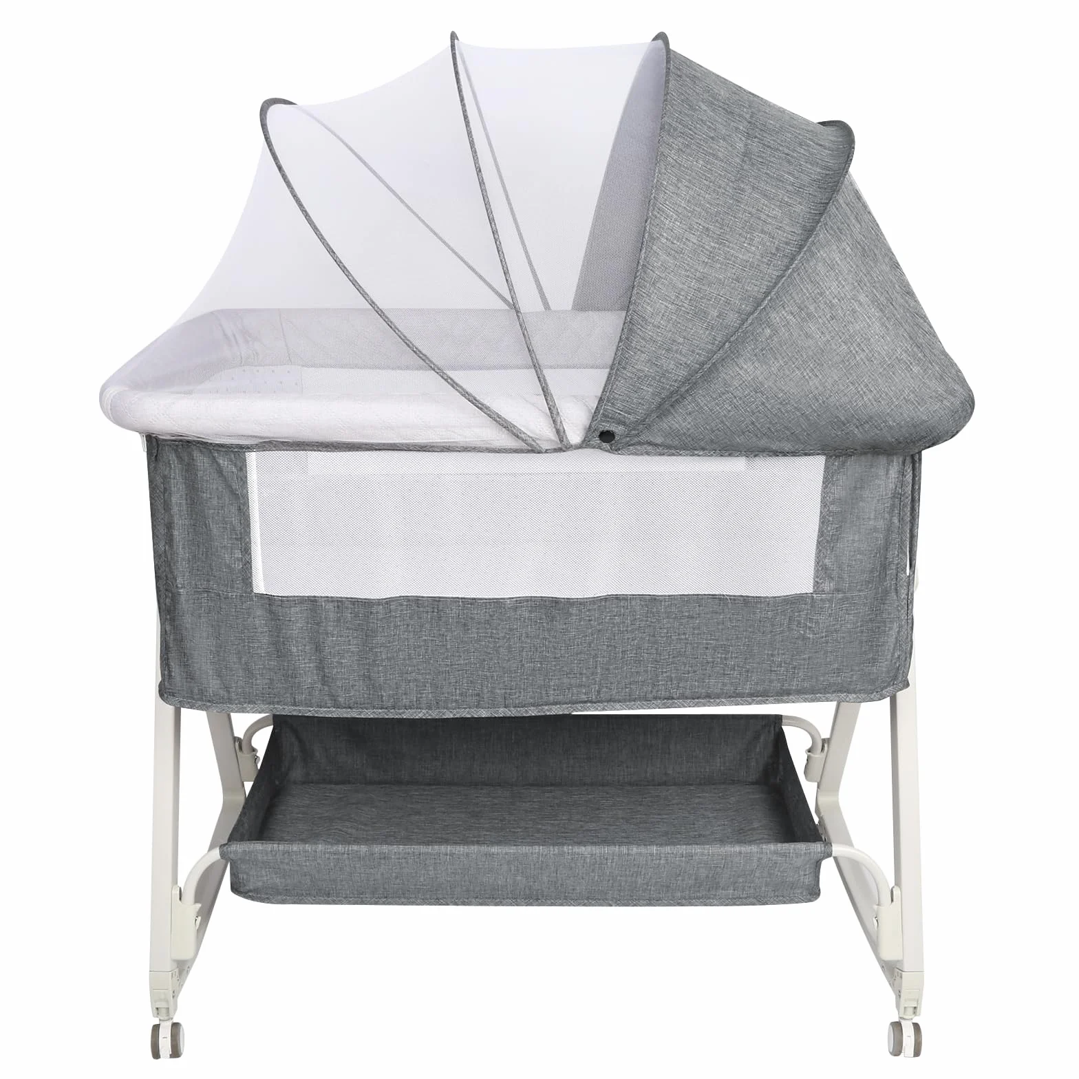 OHMG 3 in 1 Babybett bis 9 kg,Beistellbett,Wiege,Höhenverstellug und Einstellung der Neigung der Matratze,4 Räder mit Bremse Ergonomische Matratze Tasche (95x50x98-110cm(grau))