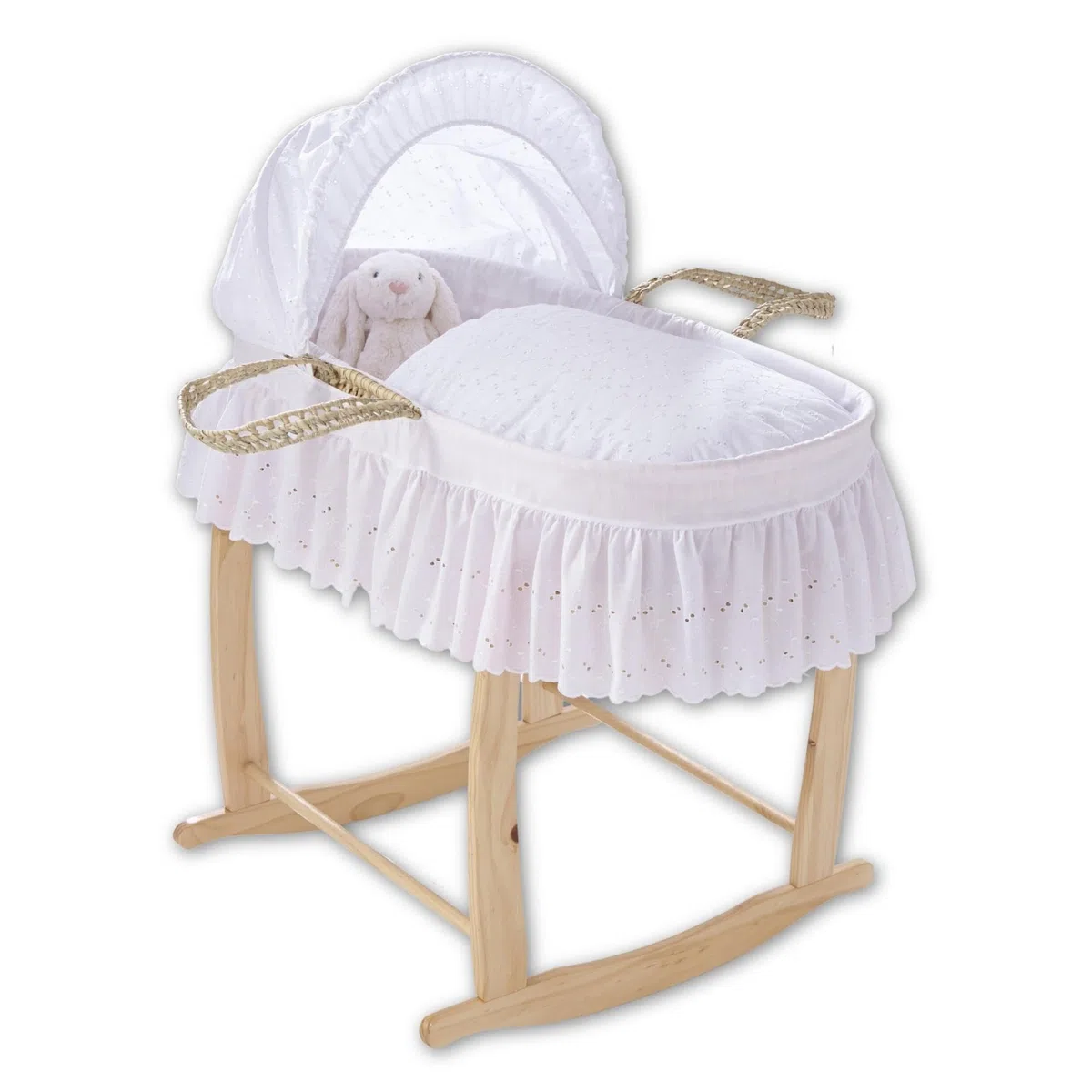 Clair de Lune Babykorb mit Broderie Anglaise Palme, mit Deluxe-Schaukelständer, Babywiege 75 x 28 cm