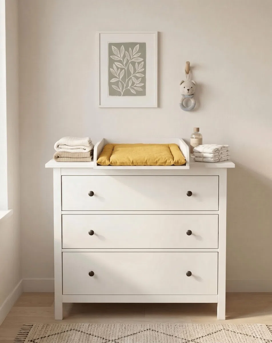 KraftKids Wickelaufsatz passend für HEMNES 108 cm Kommode – Wickelfläche 50x70 cm – Weiß (Mittig)