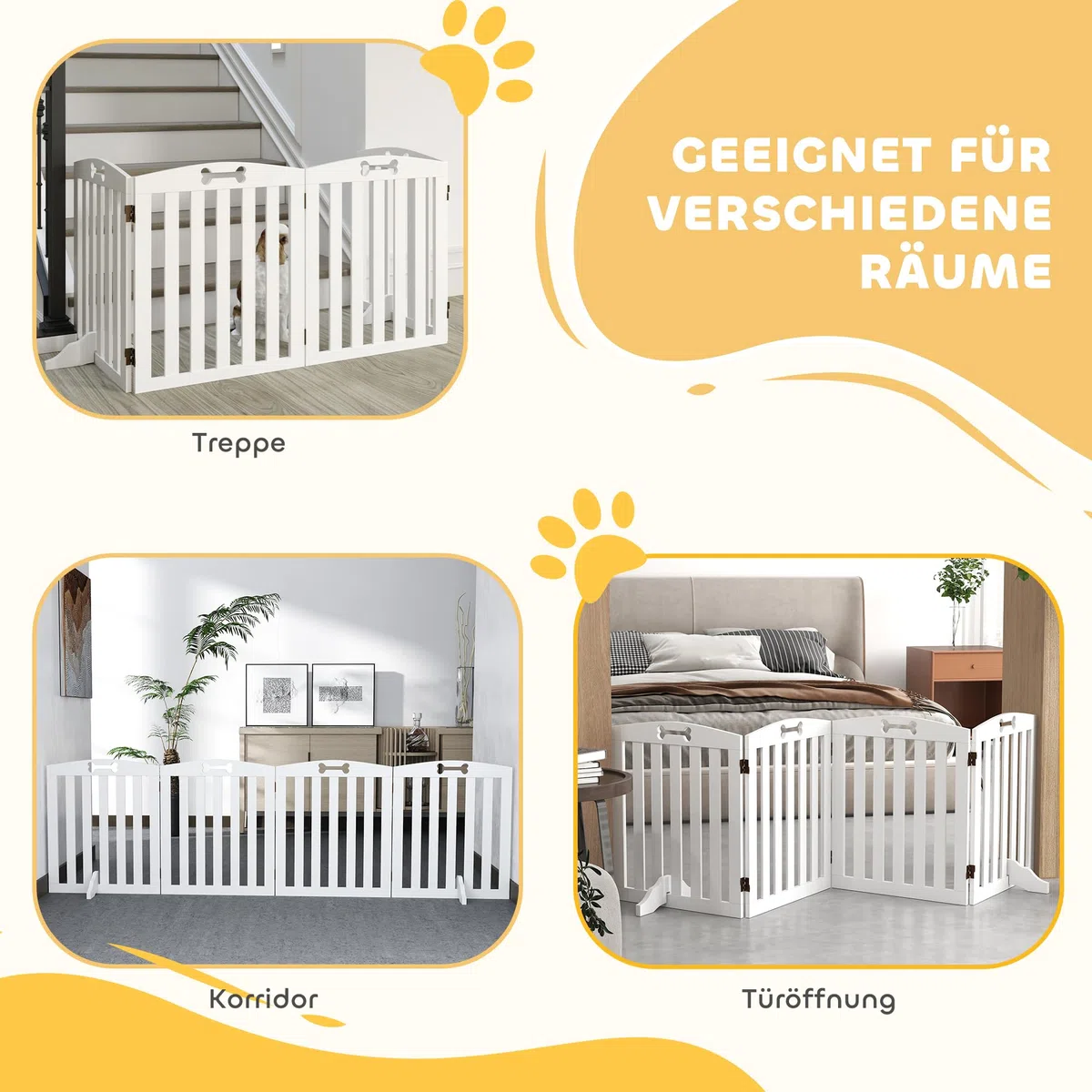PawHut Absperrgitter Hund Klappbar mit Füßen 207,5 x 61 cm 4 Paneelen Weiß | Freistehendes Schutzgitter, Klappgitter für Katzen, Treppenschutzgitter, Türschutzgitter, Treppengitter, Treppen, Türen