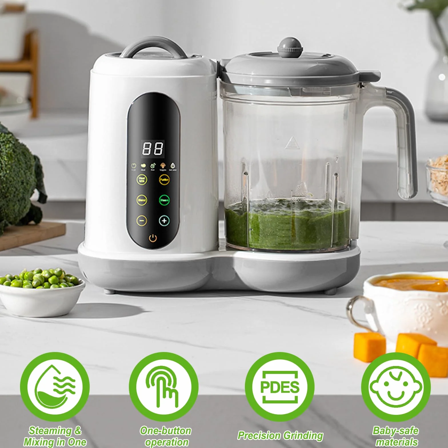Babynahrungszubereiter, Multifunktions Baby Food Maker mit Dämpfen, Mixen & Erwärmen, Babybrei Zubereiter mit 4 Kochvoreinstellungen Dampfgarer und Mixer für Babynahrung