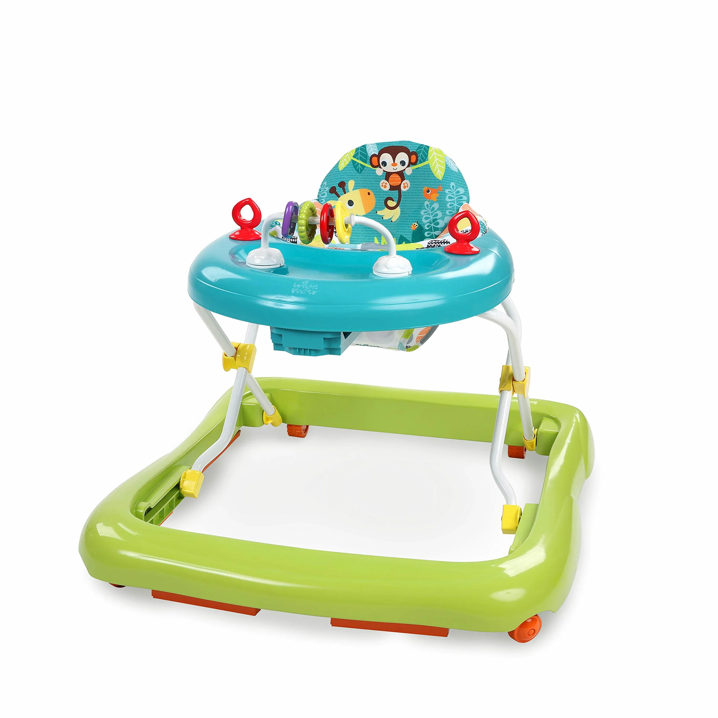 Bright Starts, Giggling Safari, Lauflernhilfe mit Spielzeuge, Perlenschiebespielzeug, 3 Höheneinstellungen, Lauflernwagen mit hoher Rückenlehne, zusammenklappbare, grün/blau, Kinder ab 6 Monaten