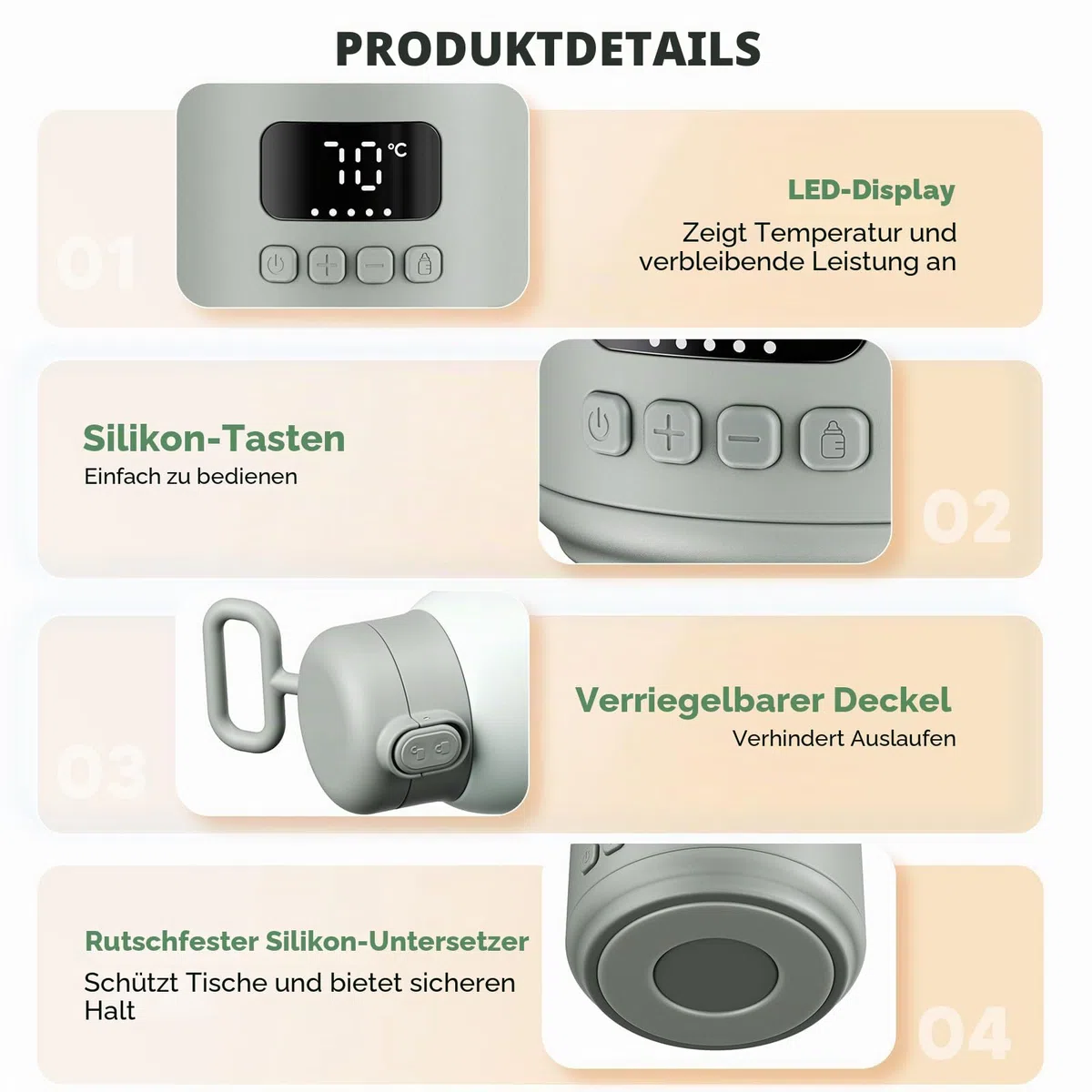 Tragbarer Babyflaschenwärmer 500 ml 3 Temperaturstufen Schnellladestecker Schnellaufheizen 2-3 Min für Muttermilch & Pre Nahrung