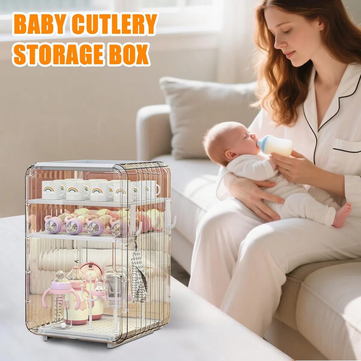 Transparenter vertikaler Organizer: Großer staubdichter Aufbewahrungsbehälter für Küche, Bad, Kinderzimmer, Schlafzimmer, Babyflaschen, Besteck, mit Trennwand