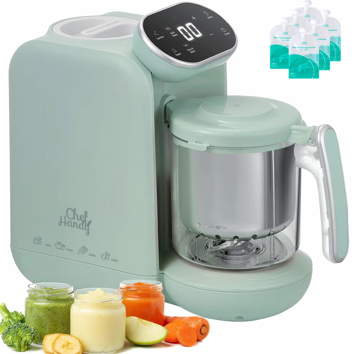 Chefhandy 5-in-1 Babynahrungszubereiter Premium, Multifunktions Babybrei Zubereiter mit Fläschchen Erwärmen, Desinfizieren, Baby Dampfgarer, Brei Maker Mixer, Automatische und Handmodus (Grün)