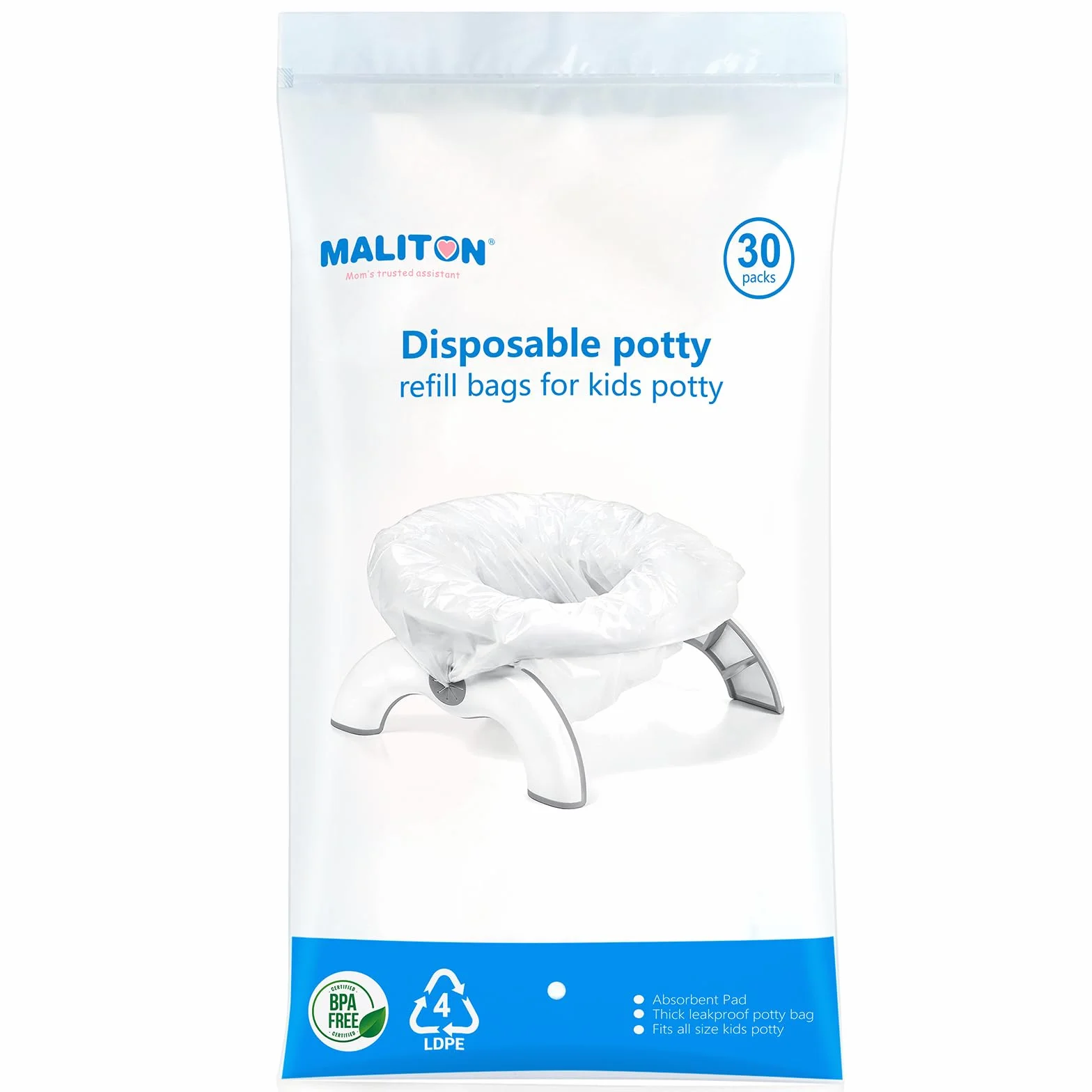 Maliton 30 Stück Einweg Baby Töpfchenbeutel mit Saugfähigem Pad für Unterwegs,Reisen,Auto - Universelle Töpfchen Liner passend für meisten Töpfchenstühle&Toilettensitz, Tragbar, Hygienisch & Praktisch