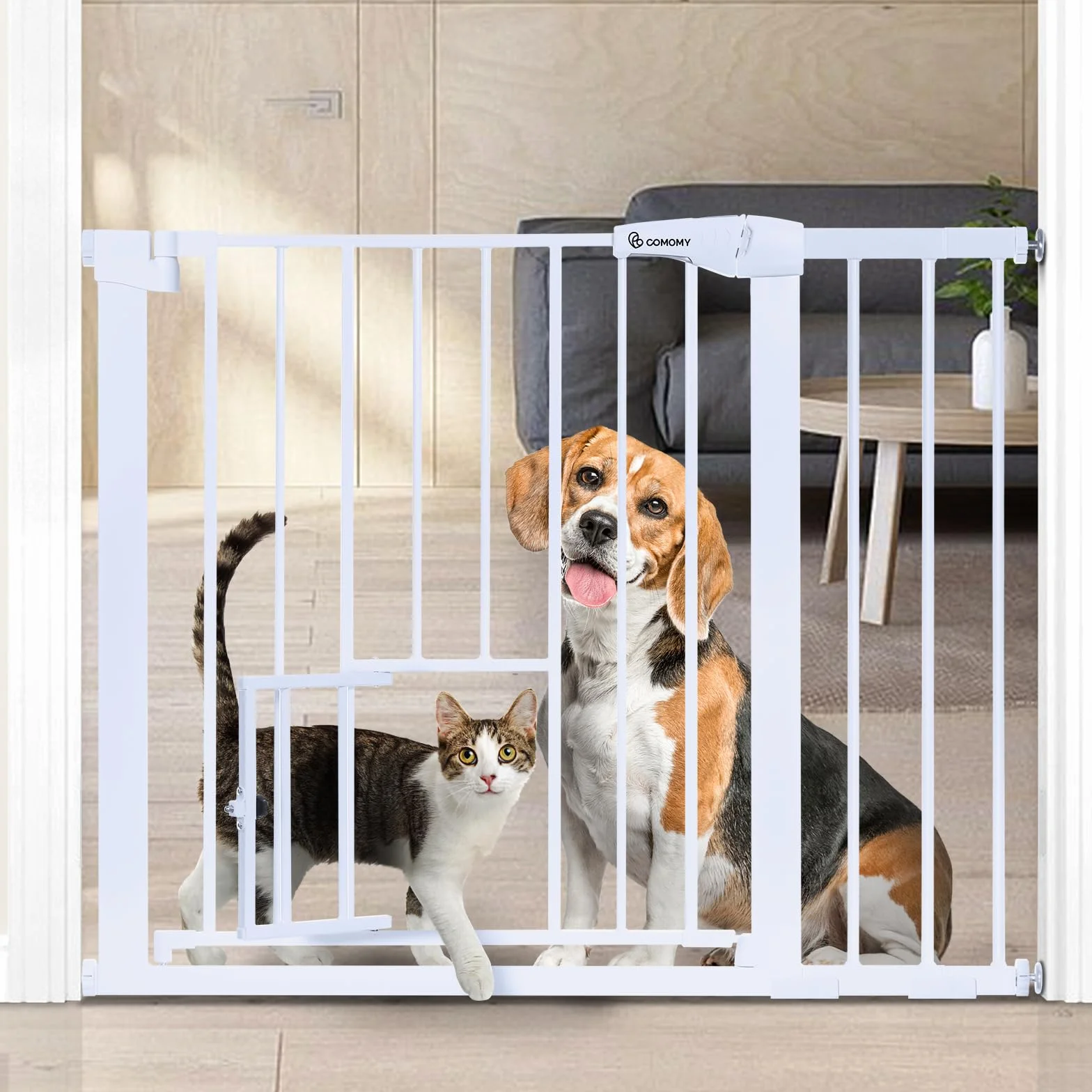 COMOMY Türschutzgitter mit Katzenklappe, 75-103cm Treppenschutzgitter ohne Bohren für Hunde und Katzen, Autoclose, Erweiterbar Türgitter Absperrgitter mit 7cm und 14cm Verlängerungen, Weiß